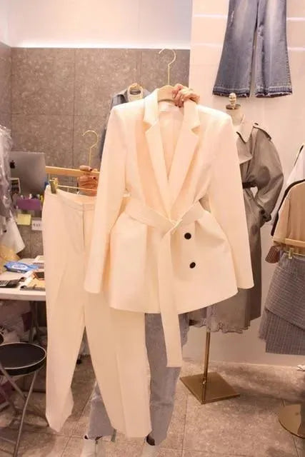 Women's Belted Pantsuit - Professional Stretch Blazer & Trousers Set for Office, Business Meetings & Formal Events | Plus Size Options Available