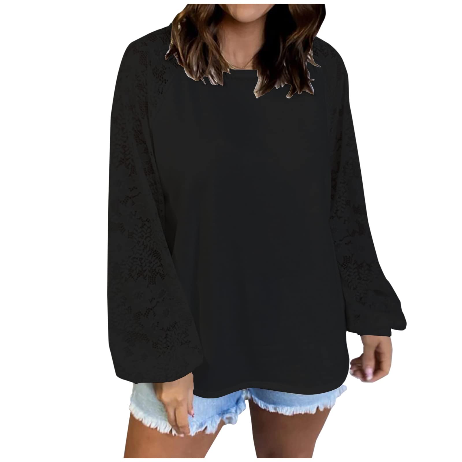 Wirziis Women's Plus Size Lace Long Bishop Sleeve Lightweight Sweatshirt - Black & White Casual Pullover Top for Early Fall | Office Wear, Date Night, Weekend Outfits
