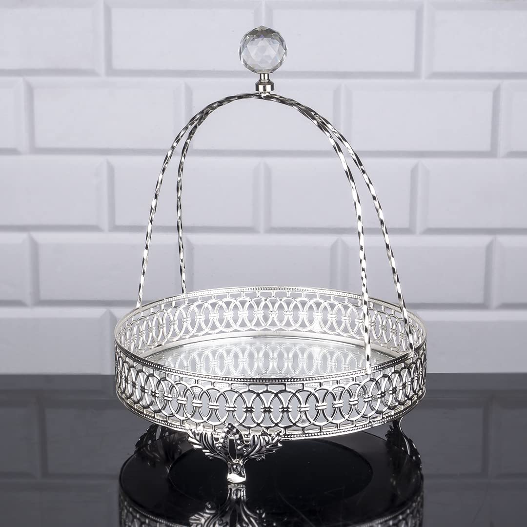 Handmade Metal Perfume Organizer Tray with Handles - Decorative Round Vanity Jewelry Box for Dresser & Bathroom - Elegant Mirror Gold Tray for Cosmetics, Rings & Necklaces (Medium, Silver) | Perfect for Makeup Organization & Jewelry Display