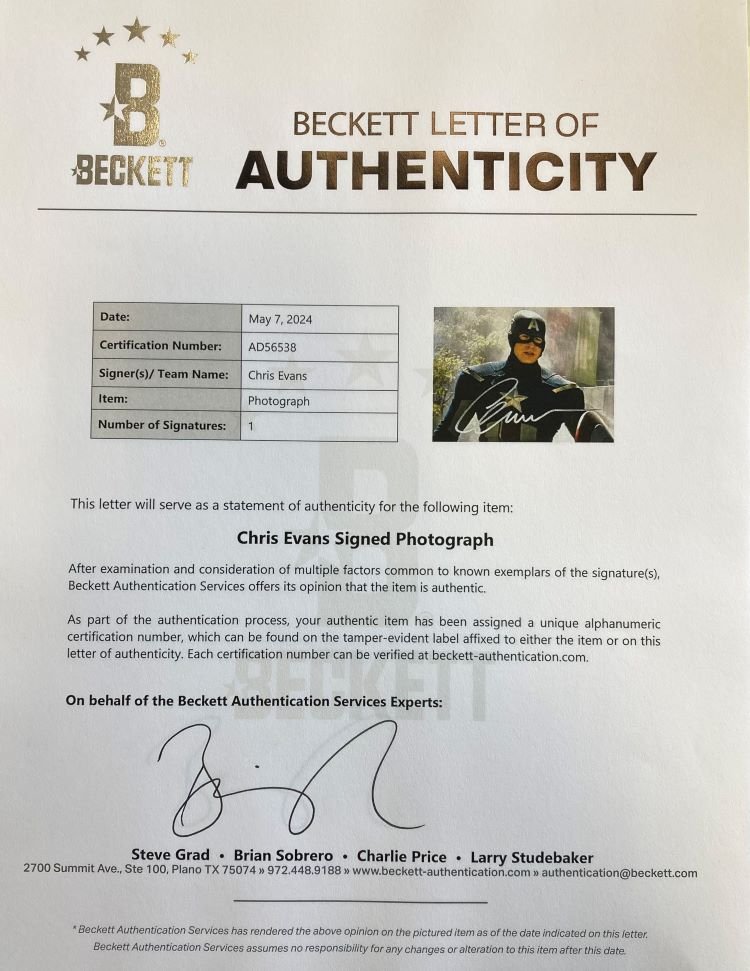 Chris Evans Autographed 16x20 Captain America Kneeling Photo with BAS COA - Perfect for Marvel Fans, Collectors, and Home Theater Decor