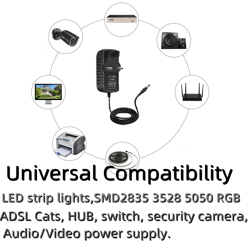 12V 3A LED Strip Light Power Supply Adapter with UK Plug - Compatible with SMD 3528/5050 LED Strips, CCTV Cameras, LCD Monitors & Routers - Durable Black Power Converter for Home & Office Lighting Solutions