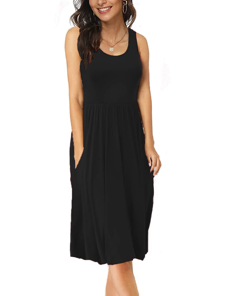Women's Summer Sleeveless Midi Sun Dress - Scoop Neck Casual Loose Empire Waist Knee Length Dress with Pockets | Beach Vacation, Outdoor Party & Daily Wear