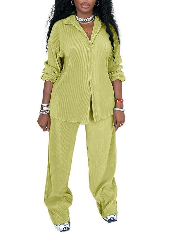 Women's 2-Piece Outfits - Summer & Spring Long Sleeve Button Down Top with Wide Leg Pants Set | Casual Workwear, Office Attire & Weekend Outfits