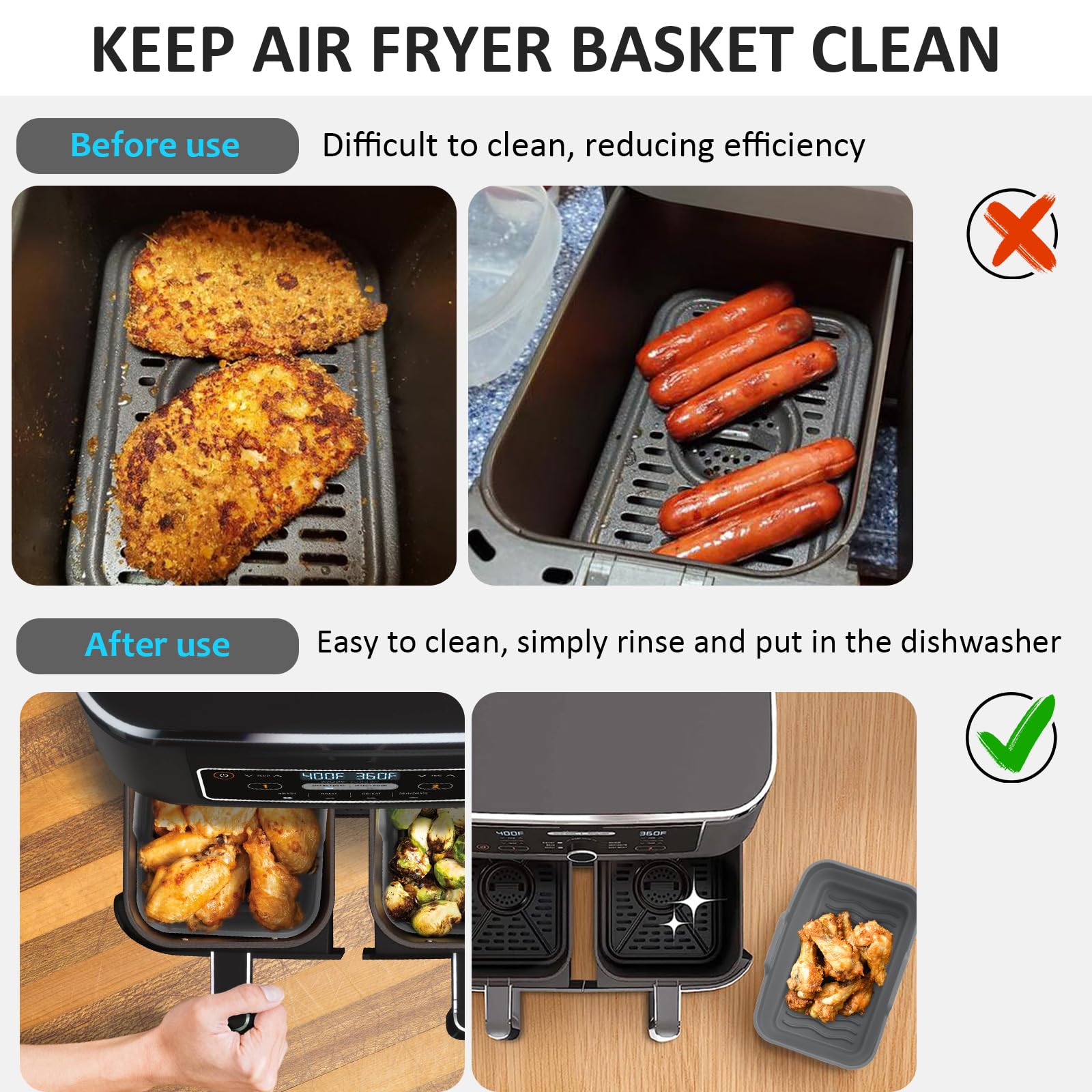 Ninja AF300EU 7.6L Air Fryer Silicone Liners - 2 Pack Reusable Tower Air Fryer Basket with Foldable Tray - Perfect for Healthy Cooking, Roasting, and Baking at Home
