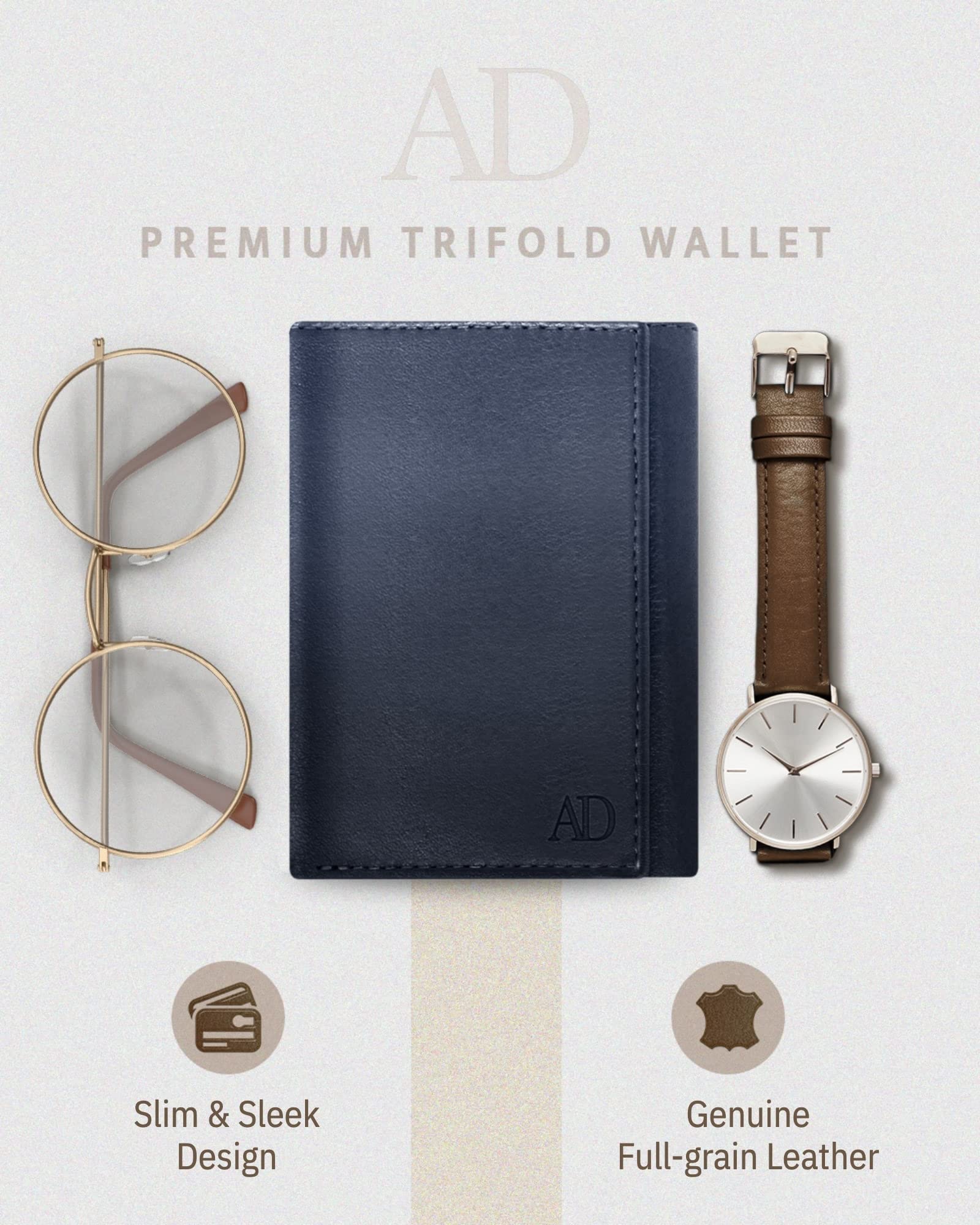 Men's Slim RFID Blocking Trifold Wallet - Genuine Leather Front Pocket Wallet with ID Window - Secure Personal Data Protection - Perfect Gift for Dad, Husband, Boyfriend (Office, Travel, Everyday Use)