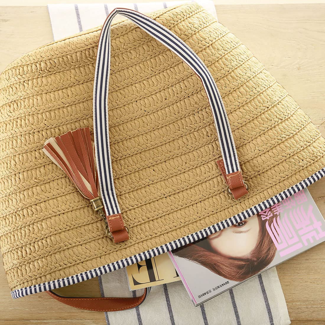 Stylish Hsthe Sea Straw Beach Handbag for Women - Crossbody Shoulder Bag with Leather Handles & Tassel - Perfect for Summer Travel, Shopping & Craft Fairs (Brown)