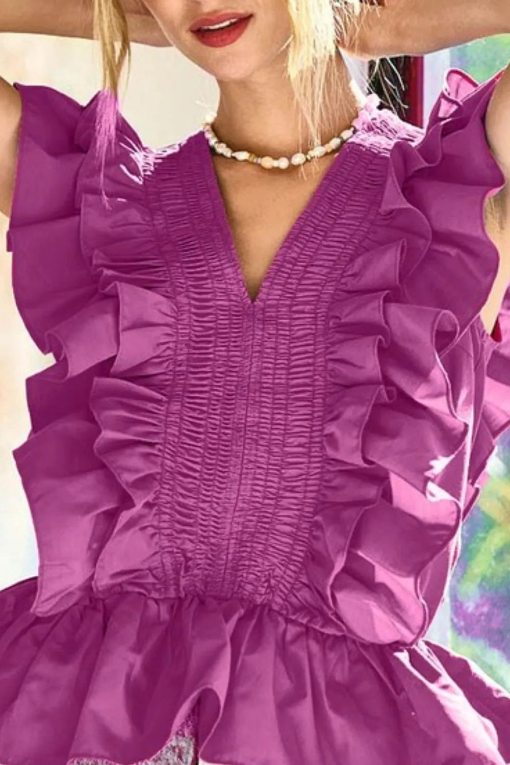 Berry Woven Ruffled Top Women's Fashion Blouse - Perfect for Summer Outfits, Beach Vacations & Date Nights