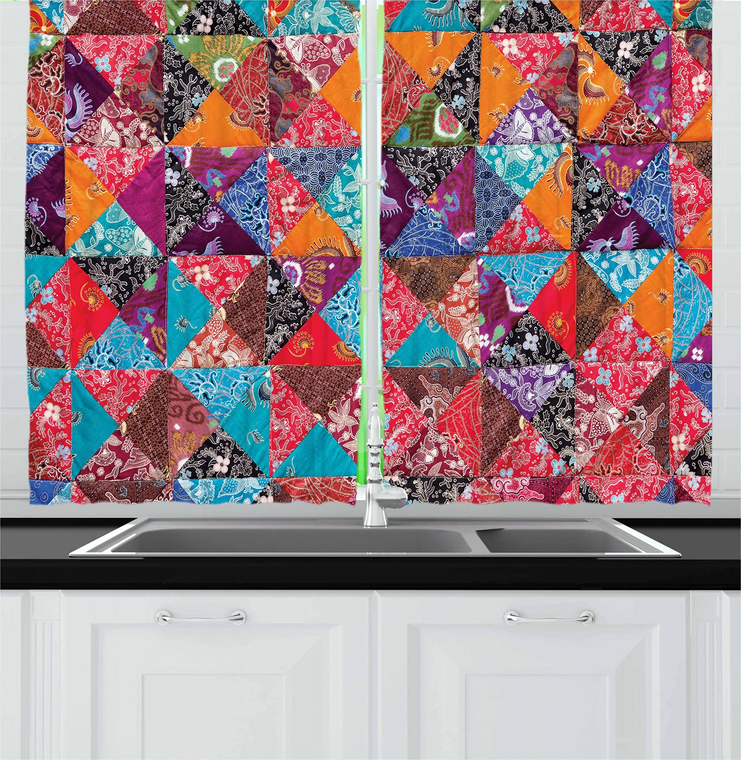 Ambesonne Balinese Kitchen Curtains Set of 2 - Traditional Floral Quilted Window Drapes with Colorful Cultural Patterns, 55