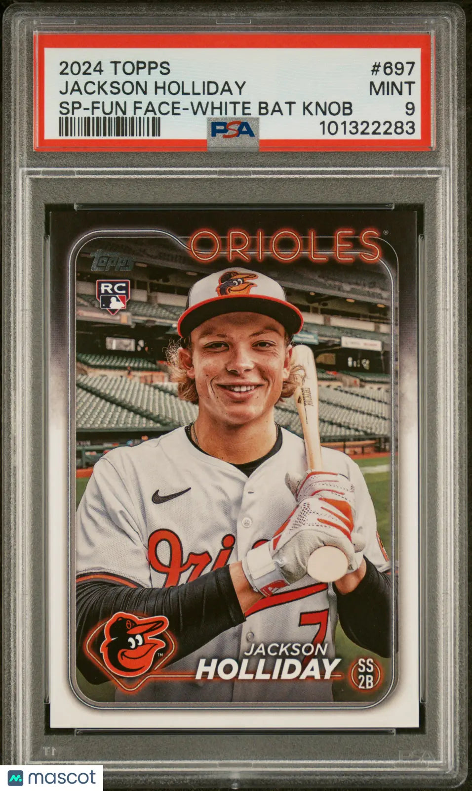 2024 Topps Baseball Jackson Holliday Rookie Card SP Fun Face White Bat Knob PSA 9 Mint - Rare Collectible for Baseball Fans & Card Investors | Perfect for Display, Trading, and Memorabilia Collections