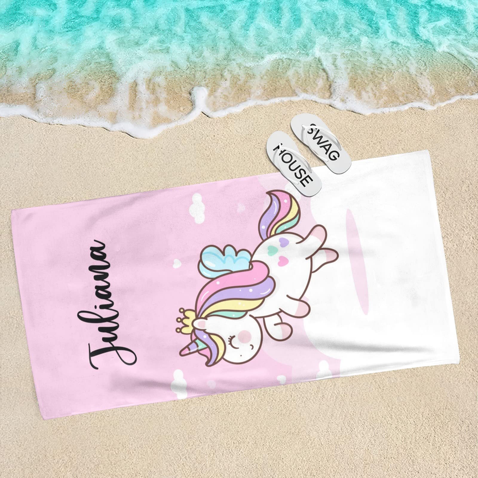 **Personalized Kids Beach Towels with Name - Mermaid & Unicorn Design, Quick Dry Microfiber, Custom Beach Towels for Girls - Perfect for Pool, Beach, and Summer Vacations**