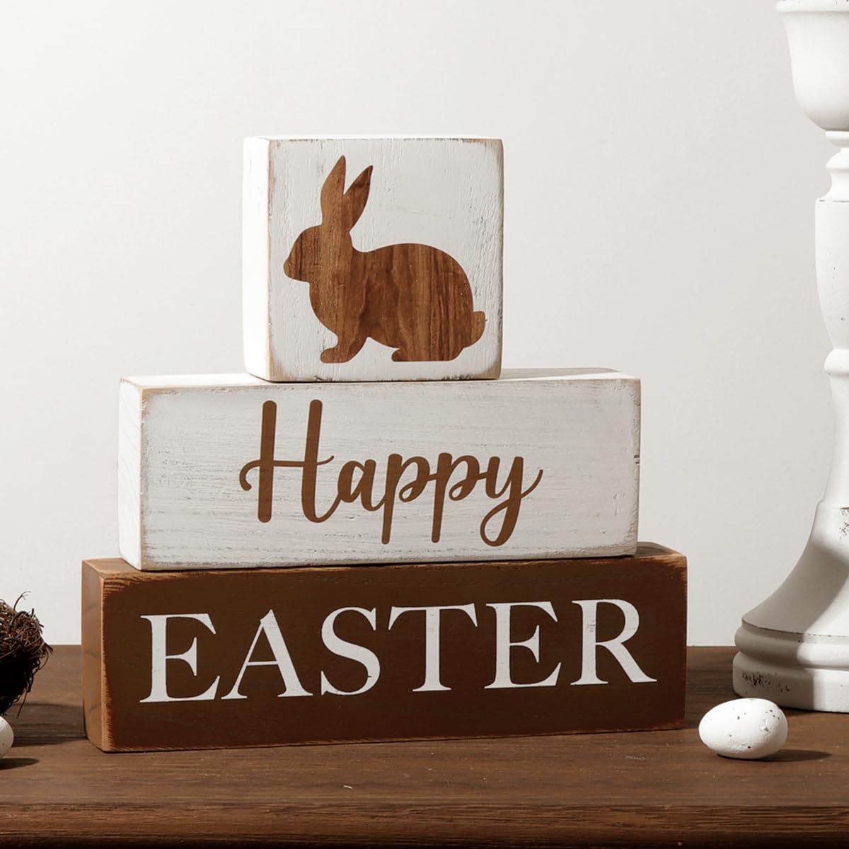3-Piece Rustic Wood Bunny and Block Table Centerpiece Signs - White Farmhouse Easter Decor for Home, Tiered Tray & Outdoor Bunny Decorations | Vintage Happy Easter Party, Spring Table Setting, Easter Egg Hunt Decoration