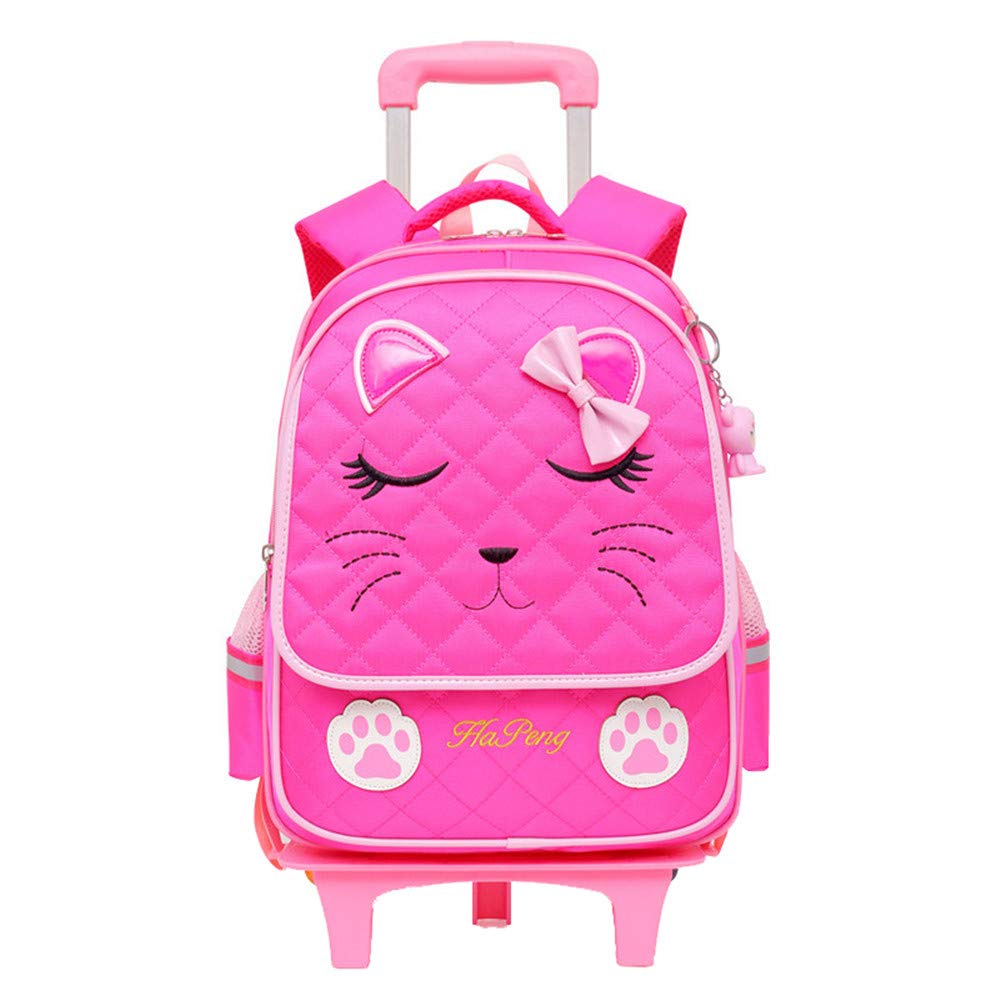 Cute Cat Face Rolling Backpack for Girls - Pink Bowknot Trolley School Bag with 6 Wheels, Kids Travel Luggage for School, Airplane & Weekend Trips