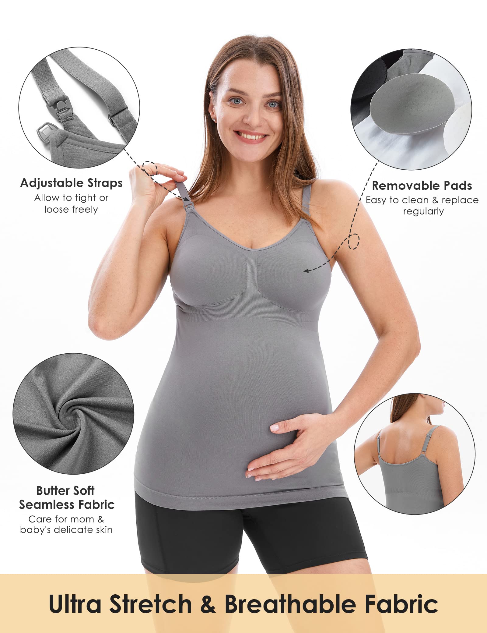 HOFISH Nursing Tank Tops for Breastfeeding - Comfortable Stretch Maternity Camisoles with Built-in Bra - Perfect for Nursing, Pumping & Everyday Wear