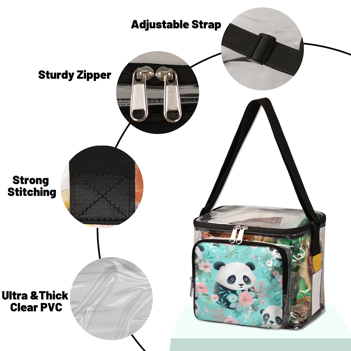 GzLeyigou Panda Clear Tote Bag with Handles - Cute Panda & Floral Design Transparent Crossbody Shoulder Bag for Lunch, Beach, Travel, Picnic, Concerts & Sports Events - Stadium Approved Clear Purse (Perfect for Outdoor Activities, Theme Parks & Security Checkpoints)