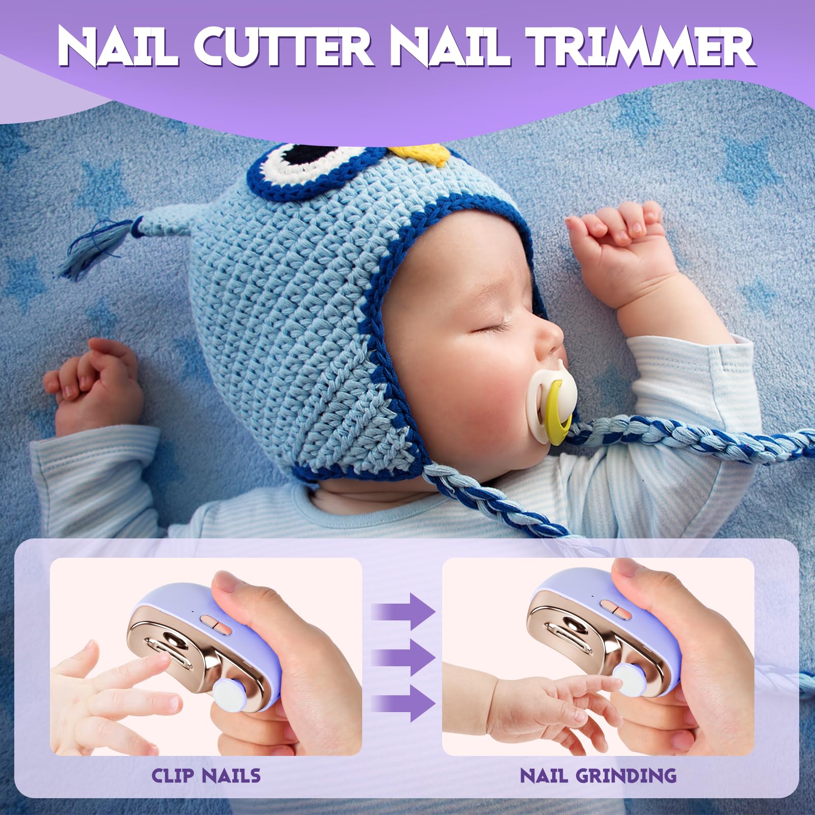 3 in 1 Automatic Electric Nail Clipper with Polishing & Light - 2 Speed Adjustable Nail Trimmer for Kids, Adults & Seniors - Perfect for Home, Travel & Manicure Care (Purple)