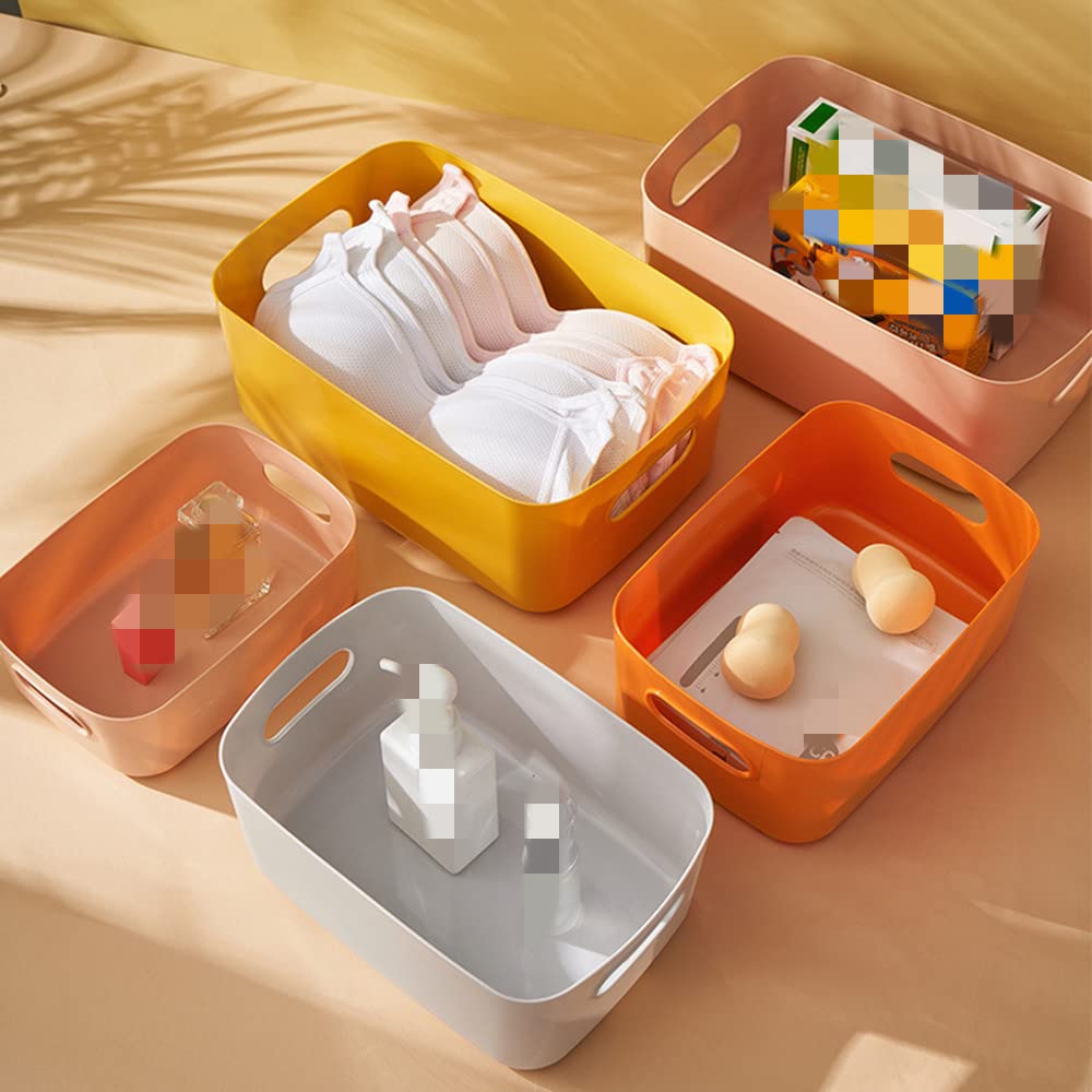 Colorful Plastic Storage Box with Handles - Organize Socks, Cosmetics for Bathroom & Kitchen (M, Orange)