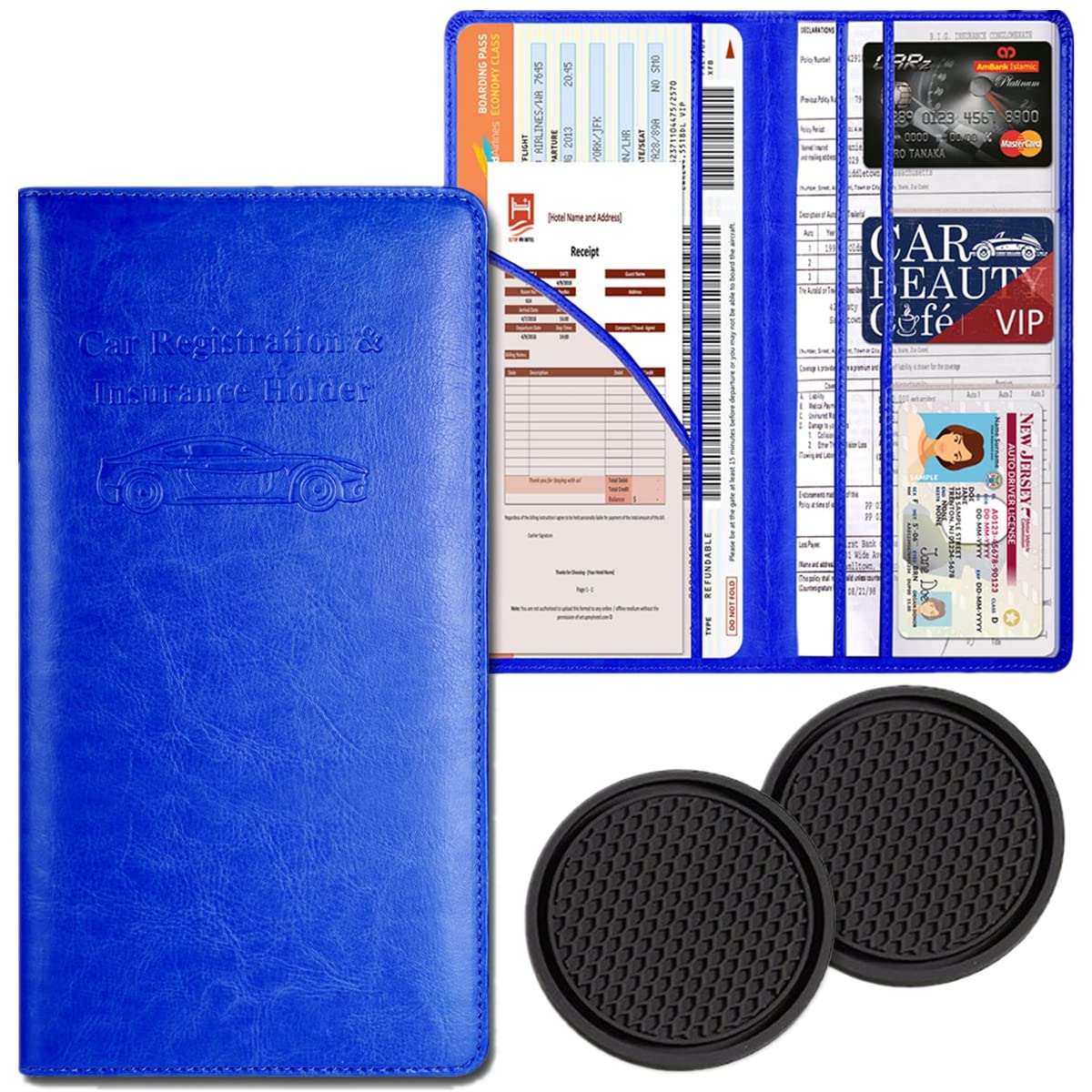 Premium Leather Car Registration & Insurance Holder with 2 Cup Holders - Vehicle Glove Box Organizer for Driver's License & Documents - Dark Blue - Perfect for Road Trips & Daily Commute