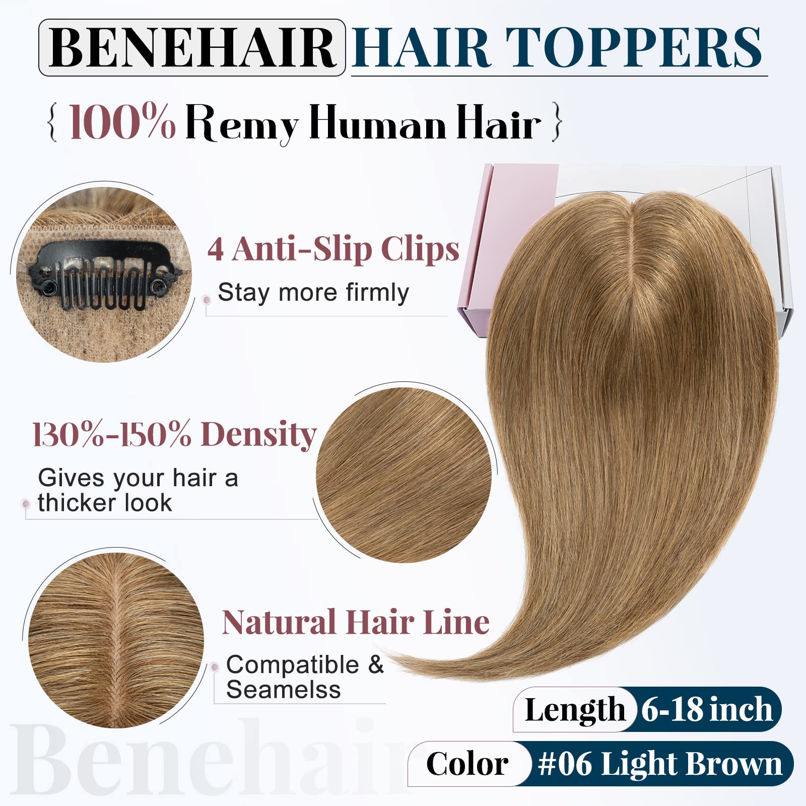 Benehair 12 Inch Human Hair Topper for Women - Remy Real Silk Base Clip-In Hair Topper - Light Brown #06 (33g) - Natural Look for Thinning Hair & Hair Loss - Perfect for Daily Wear, Parties & Special Occasions