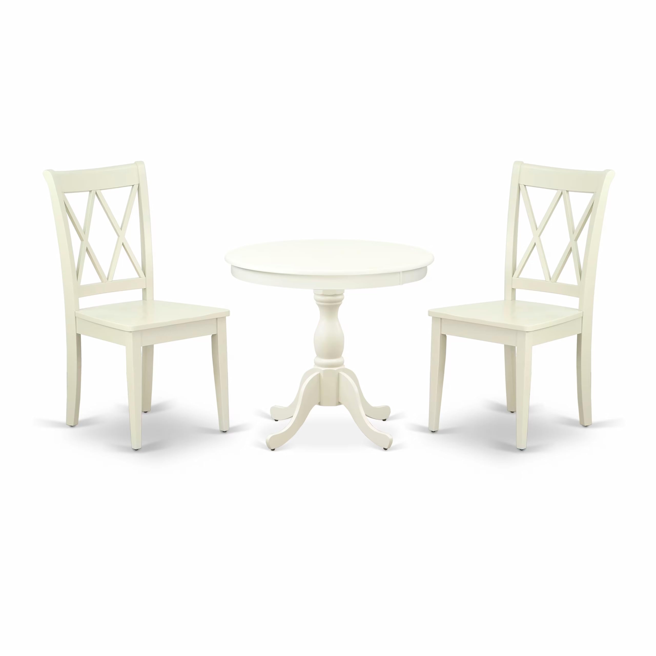 East West Furniture AMCL3-LWH-W 3 Piece Round Dining Table Set with Pedestal Base & 2 Chairs, 36x36 Inch, Linen White - Perfect for Small Kitchen, Breakfast Nook or Apartment Dining Area