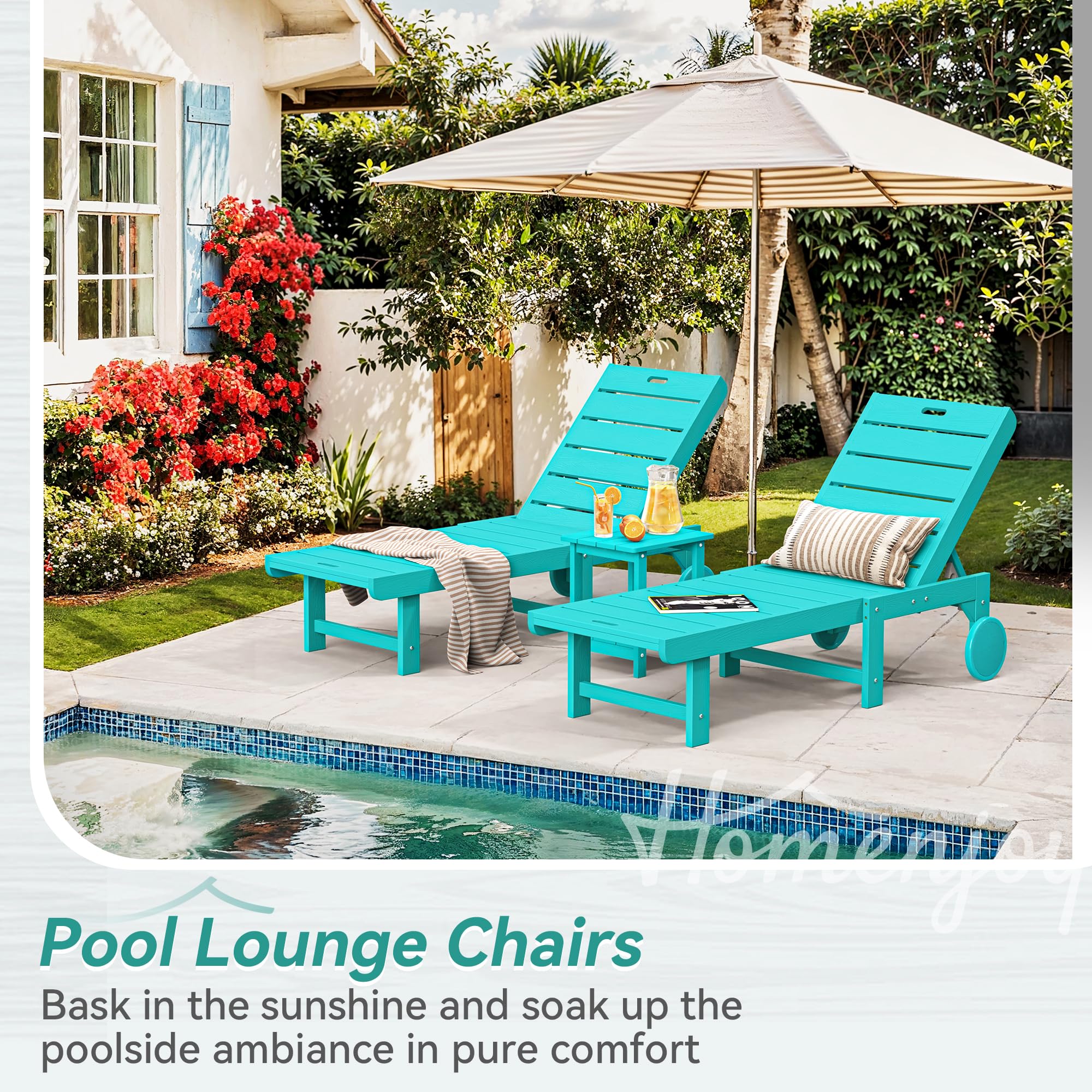 3-Piece Outdoor Chaise Lounge Chair Set with Table - HDPS Material, 5-Position Adjustable Backrest & Wheels - Perfect for Poolside, Beach, Patio & Backyard Relaxation