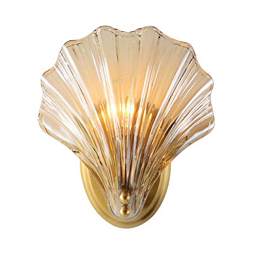 LITFAD Clear Shell Shape Wall Sconce Light - 1-Light Modern Fluted Glass Metal Wall Lamp with Copper Finish - Perfect for Bedroom, Living Room, Restaurant & Hotel Lighting Decor