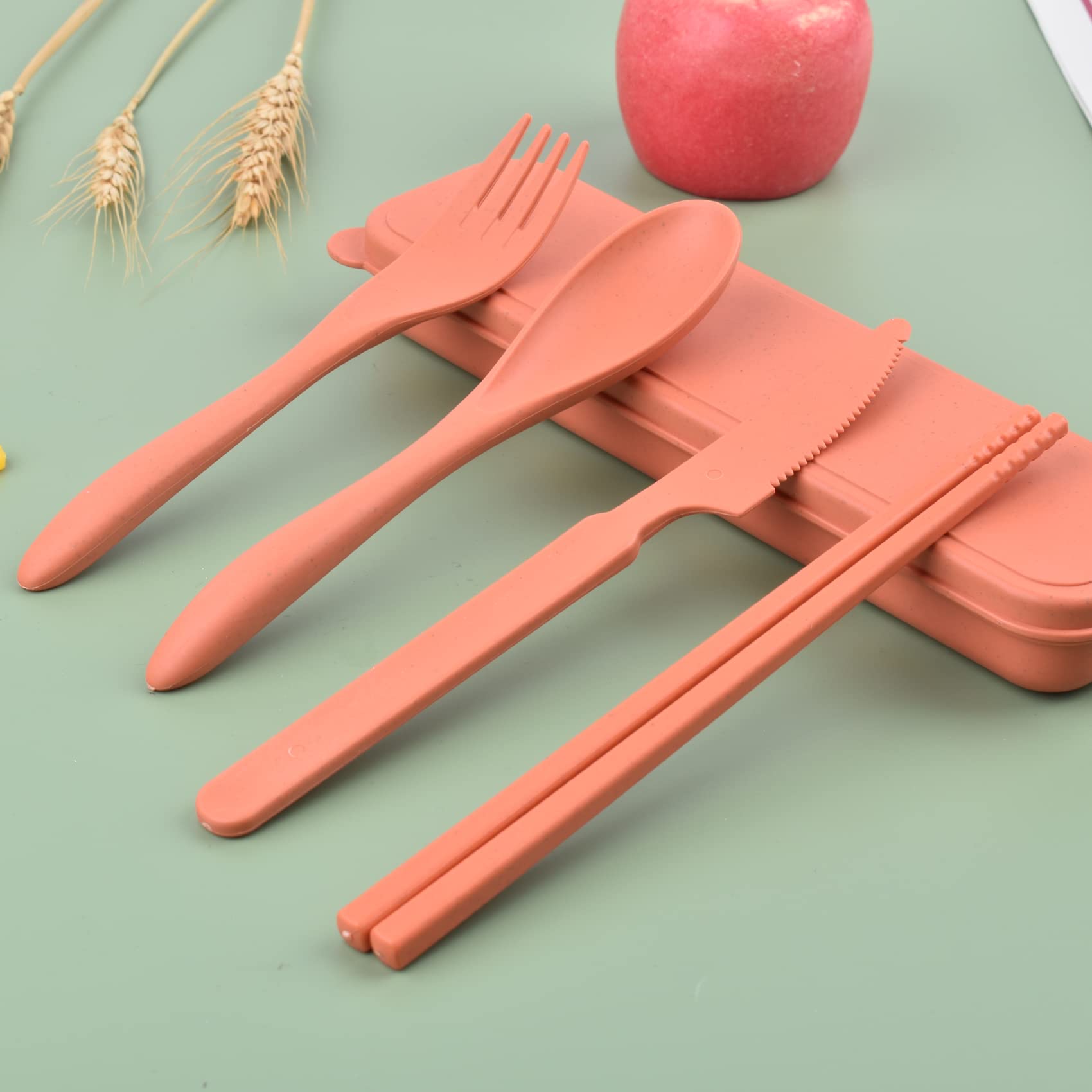 Eco-Friendly Reusable Utensils Set with Travel Case - 4 Pack Wheat Straw Cutlery Set (Spoon, Fork, Knife & Chopsticks) | Portable Lunch Box Utensils for Kids & Adults | Perfect for Camping, Picnics & Office Lunch