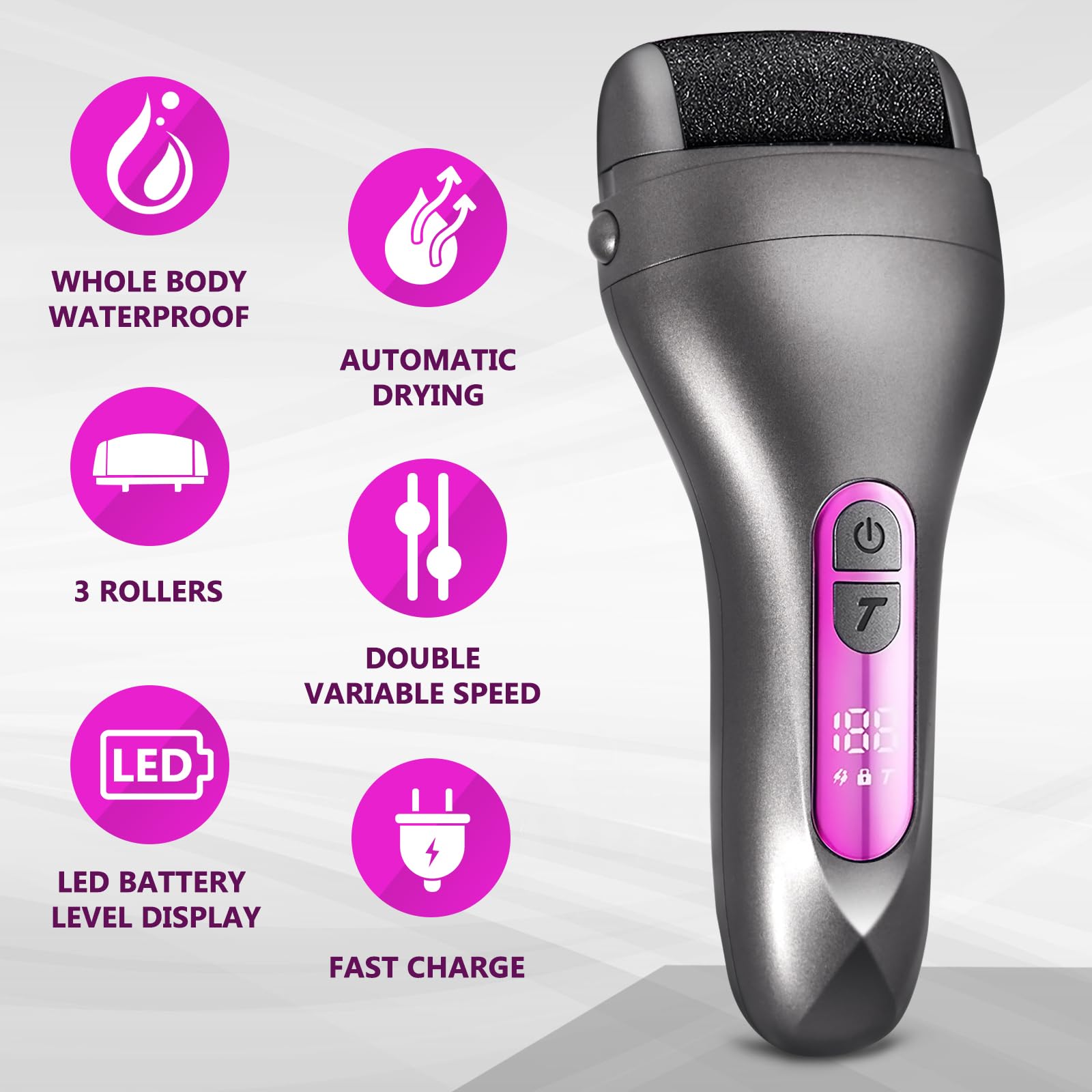 Electric Foot Callus Remover - Rechargeable Pedicure Tool with 3 Replaceable Rollers, Waterproof Foot File for Dead Skin Removal & Smooth Heels | Perfect for At-Home Pedicures, Foot Care & Soft Skin Maintenance