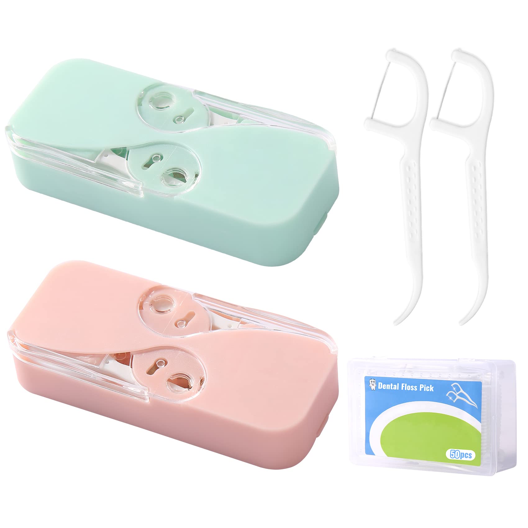 Portable Dental Floss Case with Automatic Dispenser - 50pcs Floss Picks Included (Pink & Green) for Teeth Cleaning - Perfect for Travel, Office & On-the-Go Oral Care