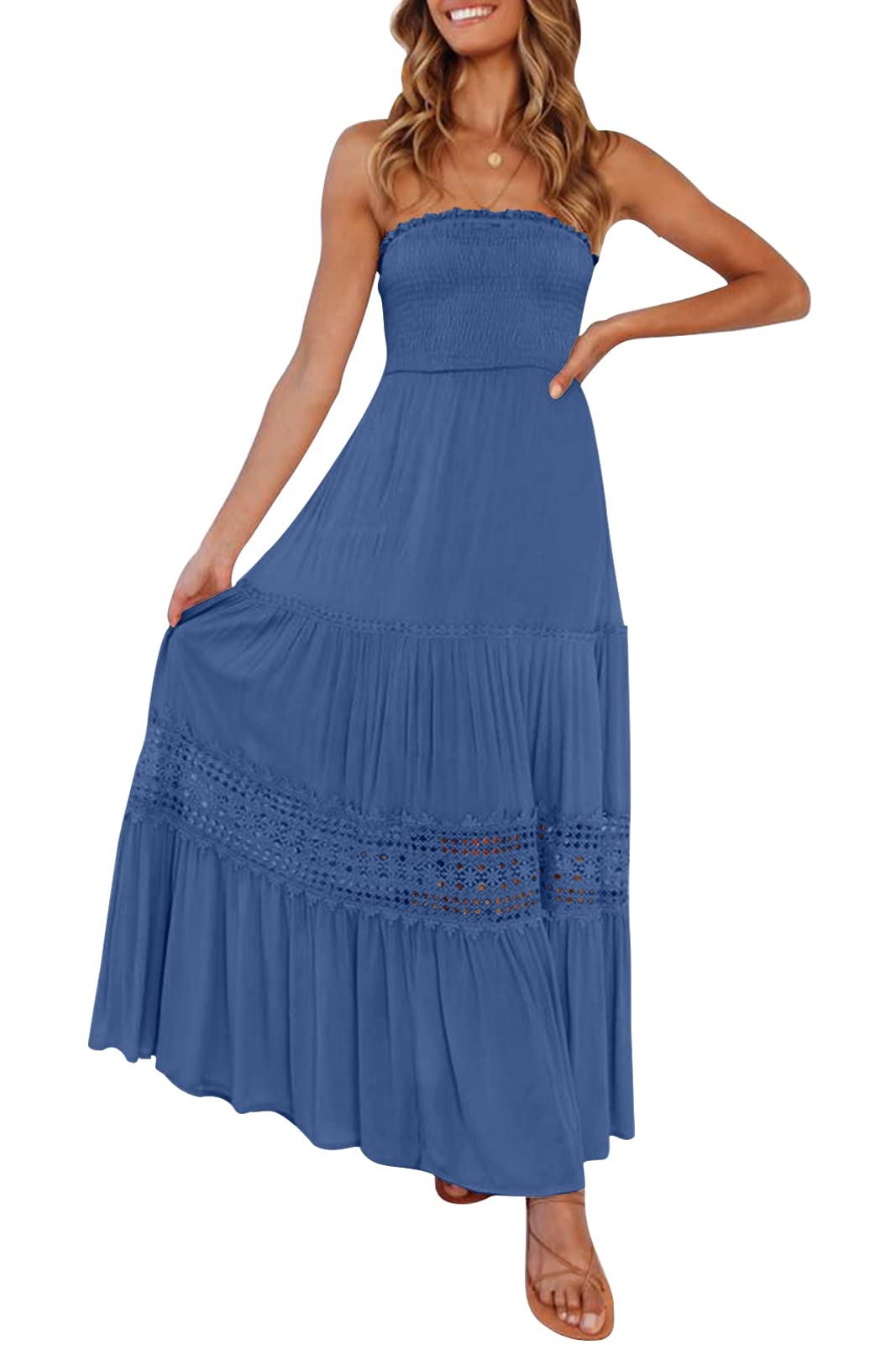 ZESICA Women's 2023 Summer Bohemian Strapless Off Shoulder Lace Trim Backless Flowy A-Line Long Maxi Dress - Perfect for Beach Vacation, Wedding Guest, and Boho Party Outfits