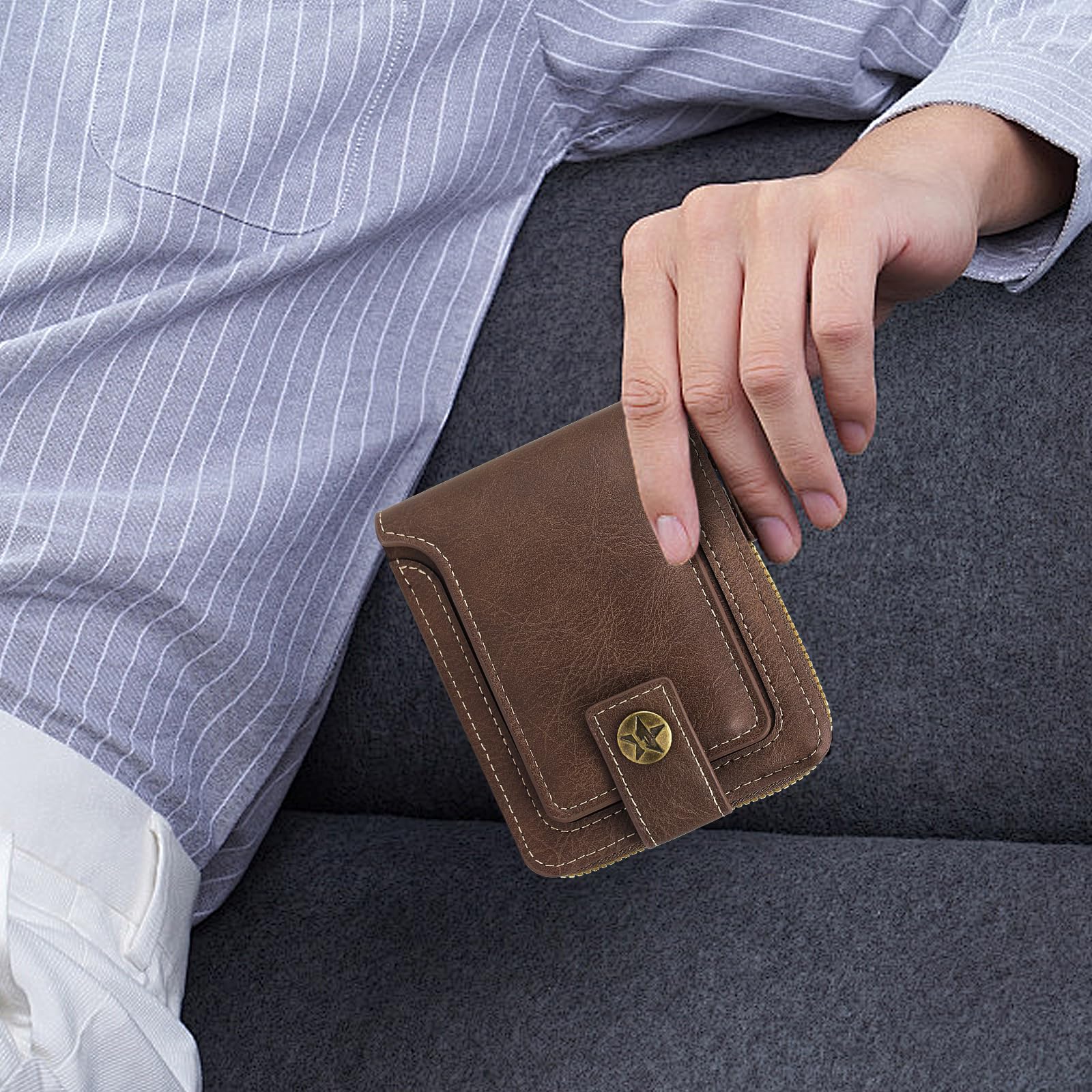 Vintage PU Leather Men's Wallet with 10 Card Slots & Zipper Pocket - Large Capacity RFID Blocking Credit Card Holder for Travel, Business & Everyday Use (Brown)