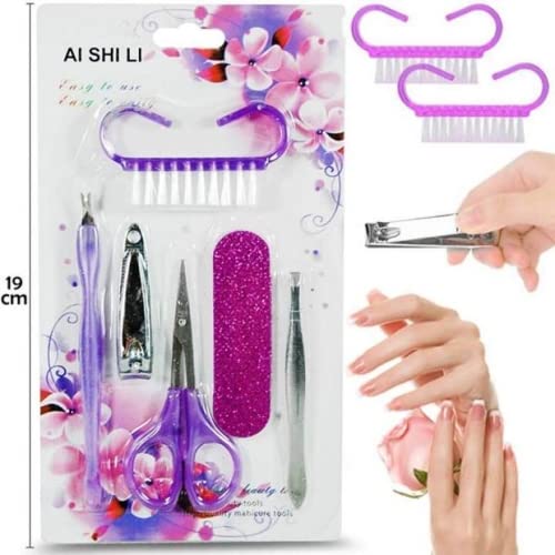 6Pcs Professional Manicure Pedicure Kit for Women & Men - Stainless Steel Nail Clippers, Nail Brush, Scissors, Nail Buffer, Cuticle Remover & Tweezers - Portable Nail Care Set for Travel, Home & Salon Use (Pack of 2)