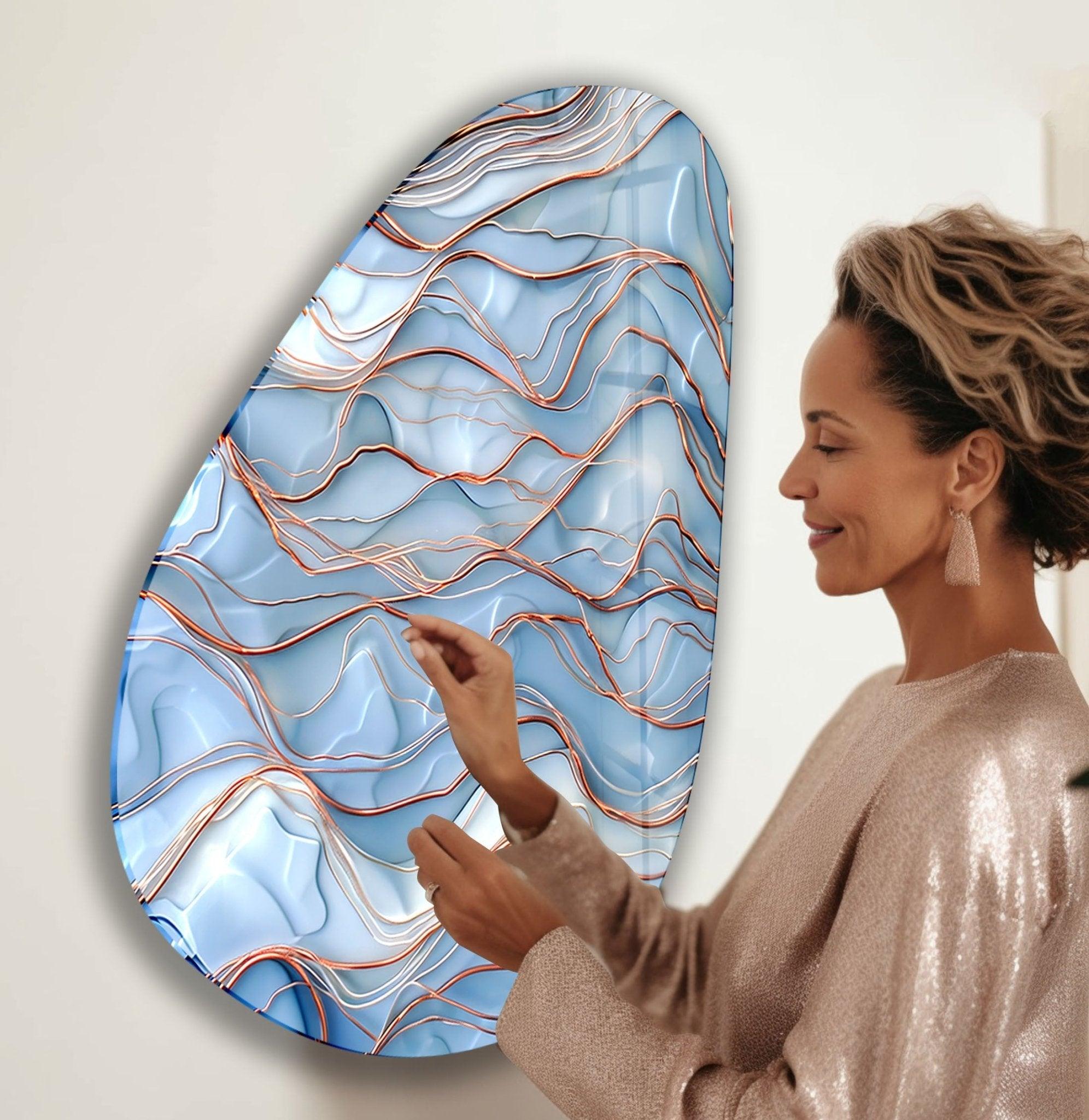 Blue Golden Marble Glass Wall Art - Handmade Asymmetrical Oval Design for Living Room, Bedroom & Office Decor | Modern Abstract Home Wall Decor