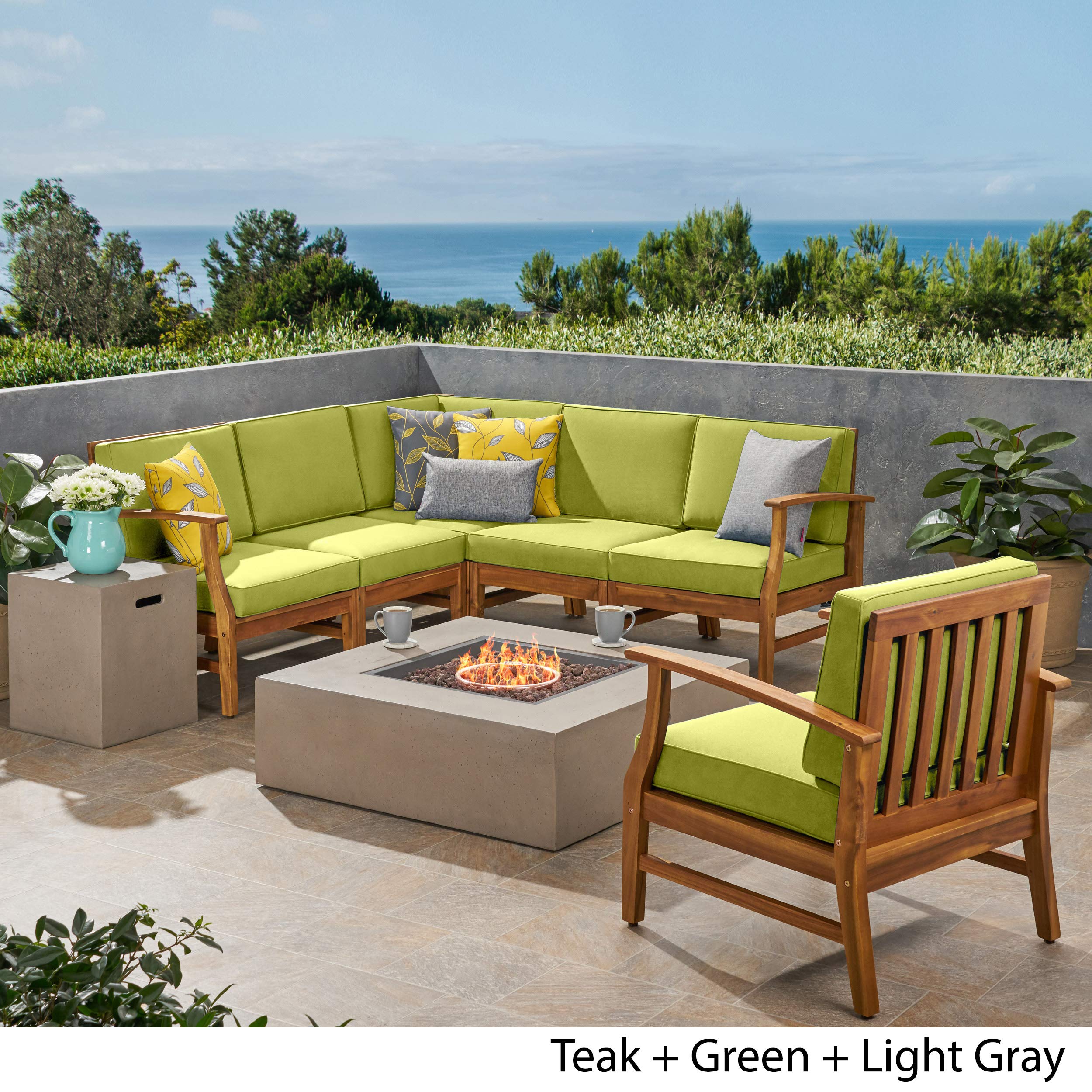 Premium 6-Piece Outdoor Acacia Wood Sofa Set with Square Fire Pit Table & Tank - Teak, Green & Light Gray - Perfect for Patio, Garden, Backyard & Poolside Relaxation