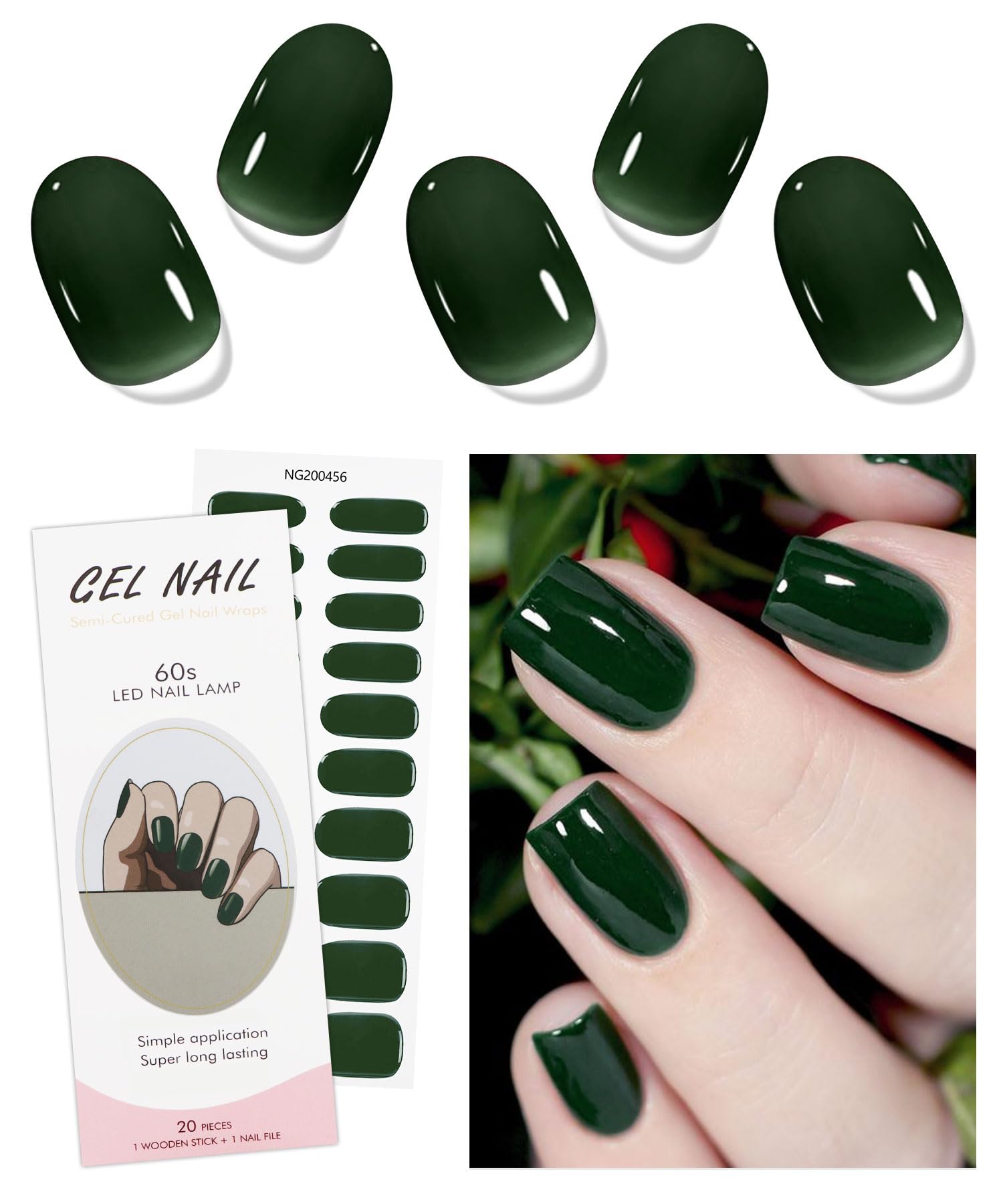 JMEOWIO Dark Green Semi-Cured Gel Nail Stickers | UV/LED Cured Nail Strips & Wraps | Nail Art Design & Decoration Accessories | Perfect for Salon, Home Manicures & Party Nail Art