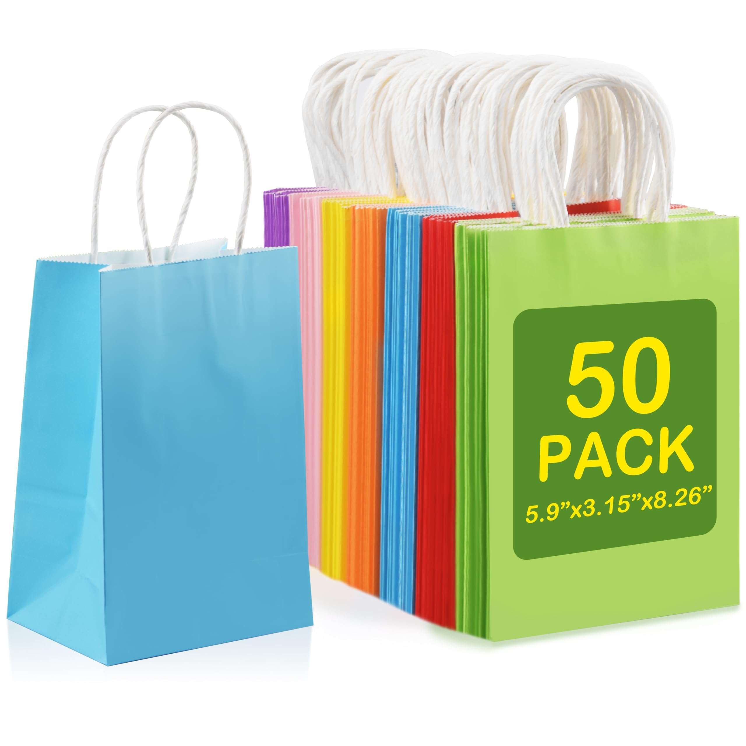 50 Pack Colorful Kraft Paper Gift Bags with Handles - 5.9x3.15x8.26 Inch Bulk Party Favor Bags for Weddings, Birthdays, Retail & Business - 7 Assorted Colors | Perfect for Party Favors, Goodie Bags & Small Gift Packaging