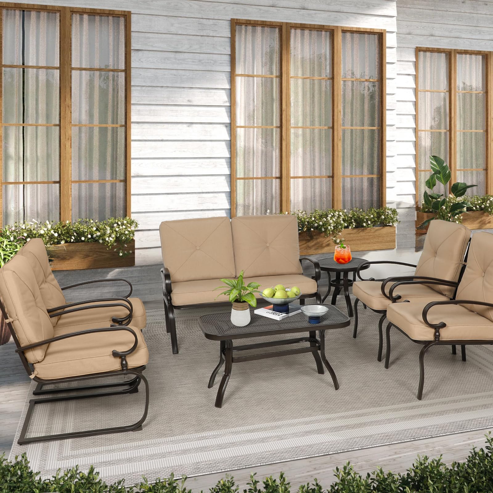 Oakcloud 7-Piece Wrought Iron Outdoor Patio Furniture Set with Cushions - Loveseat, Coffee Table, Bistro Table, 2 Spring Chairs & 2 Dining Chairs (Brown) - Perfect for Garden, Backyard, Poolside or Terrace Relaxation