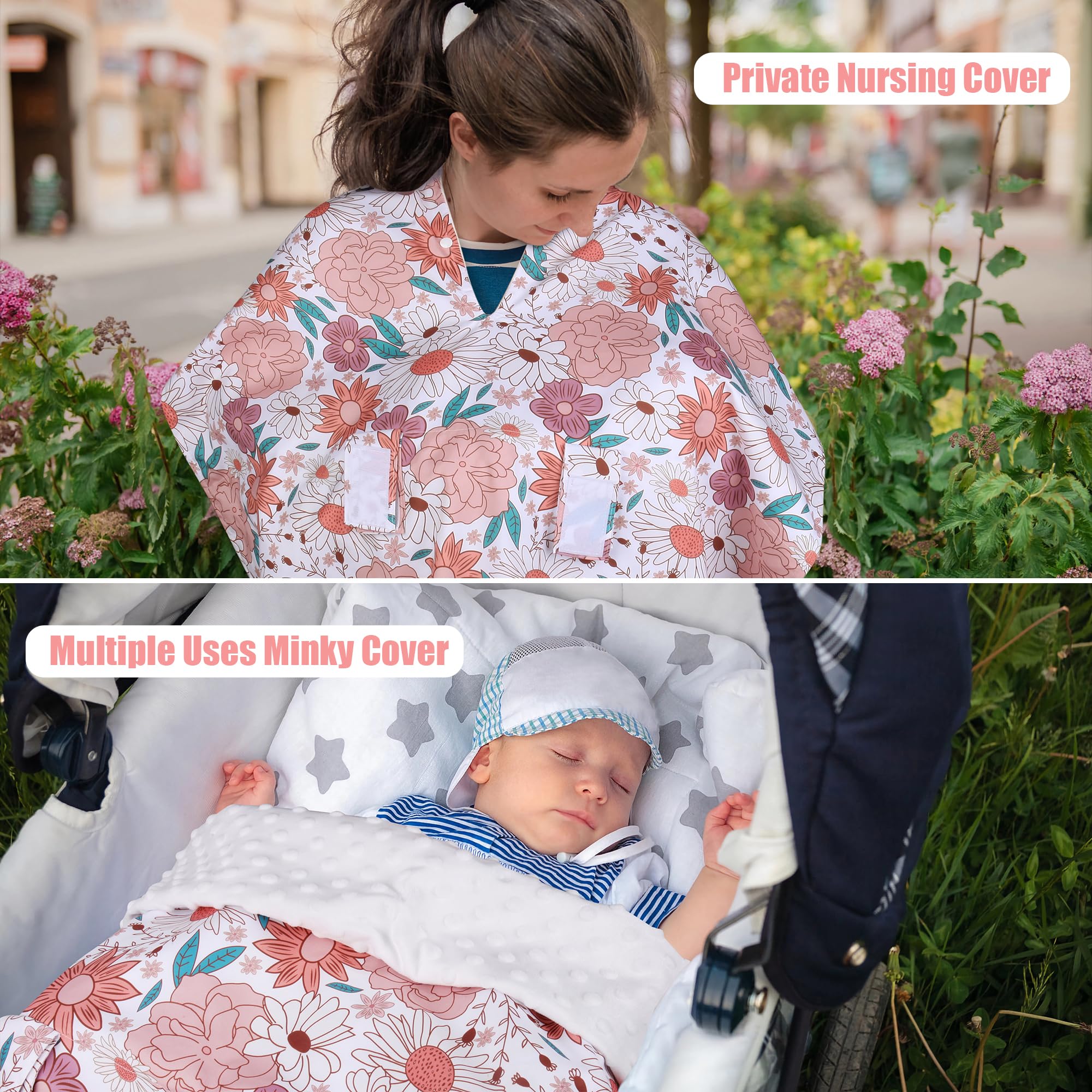 Metplus 2-in-1 Baby Car Seat Cover & Nursing Canopy - Soft Minky Fabric with Peekaboo Opening for Newborns (Boy/Girl) - Perfect for Strollers, Shopping & Breastfeeding On-The-Go