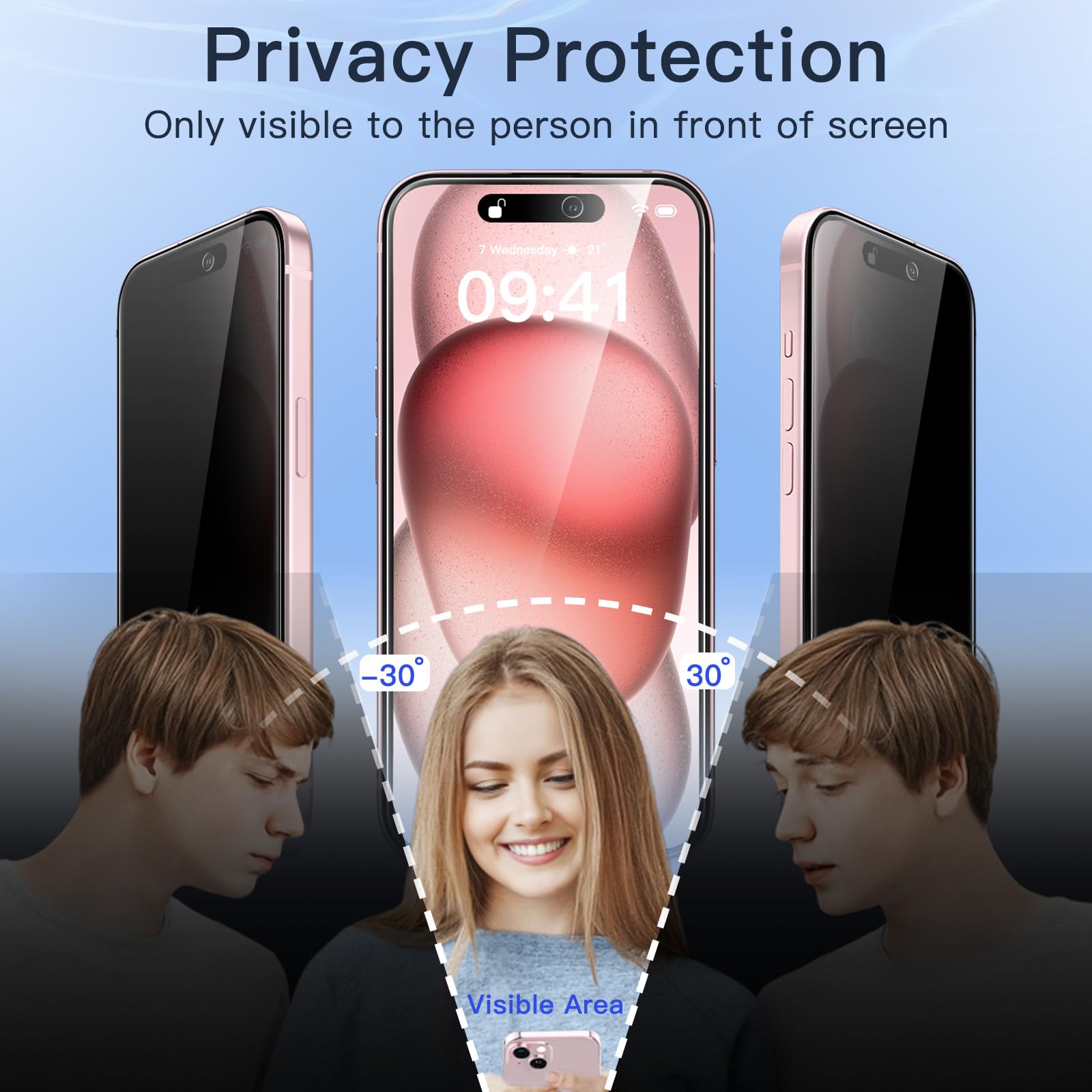 JETech Privacy Screen Protector for iPhone 15 6.1-Inch - 2 Pack Tempered Glass with Camera Lens Protector | Anti-Spy, Easy Installation Tool | Perfect for Work, Banking & Private Browsing