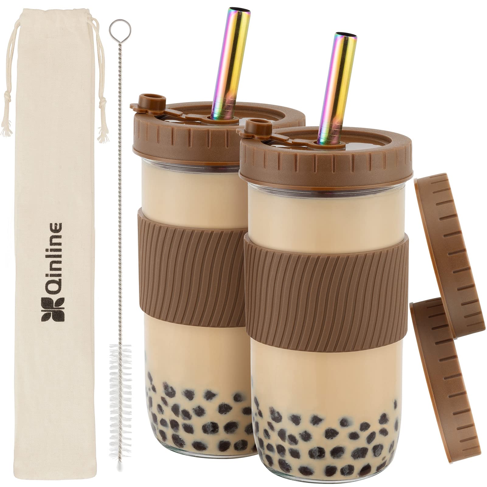 Reusable 24oz Glass Mason Jars with Lids & Straws - 2 Pack Wide Mouth Smoothie Cups, Bubble Tea Glasses with Silicone Sleeves - Leakproof Travel Tumbler for Iced Coffee, Juice & Large Pearls - Perfect for Home, Office & Birthday Gifts