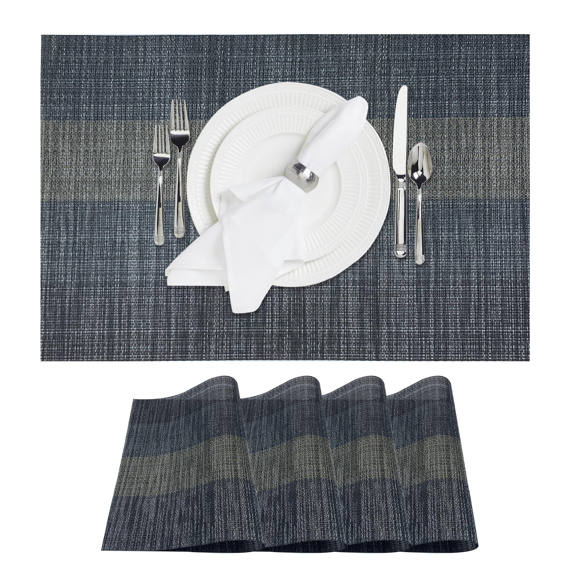 Premium 4-Pack Vinyl Woven Placemats - Non-Slip, Washable & Durable Table Mats for Indoor/Outdoor Use (Black) - Perfect for Dining Tables, Picnics, and Outdoor Entertaining