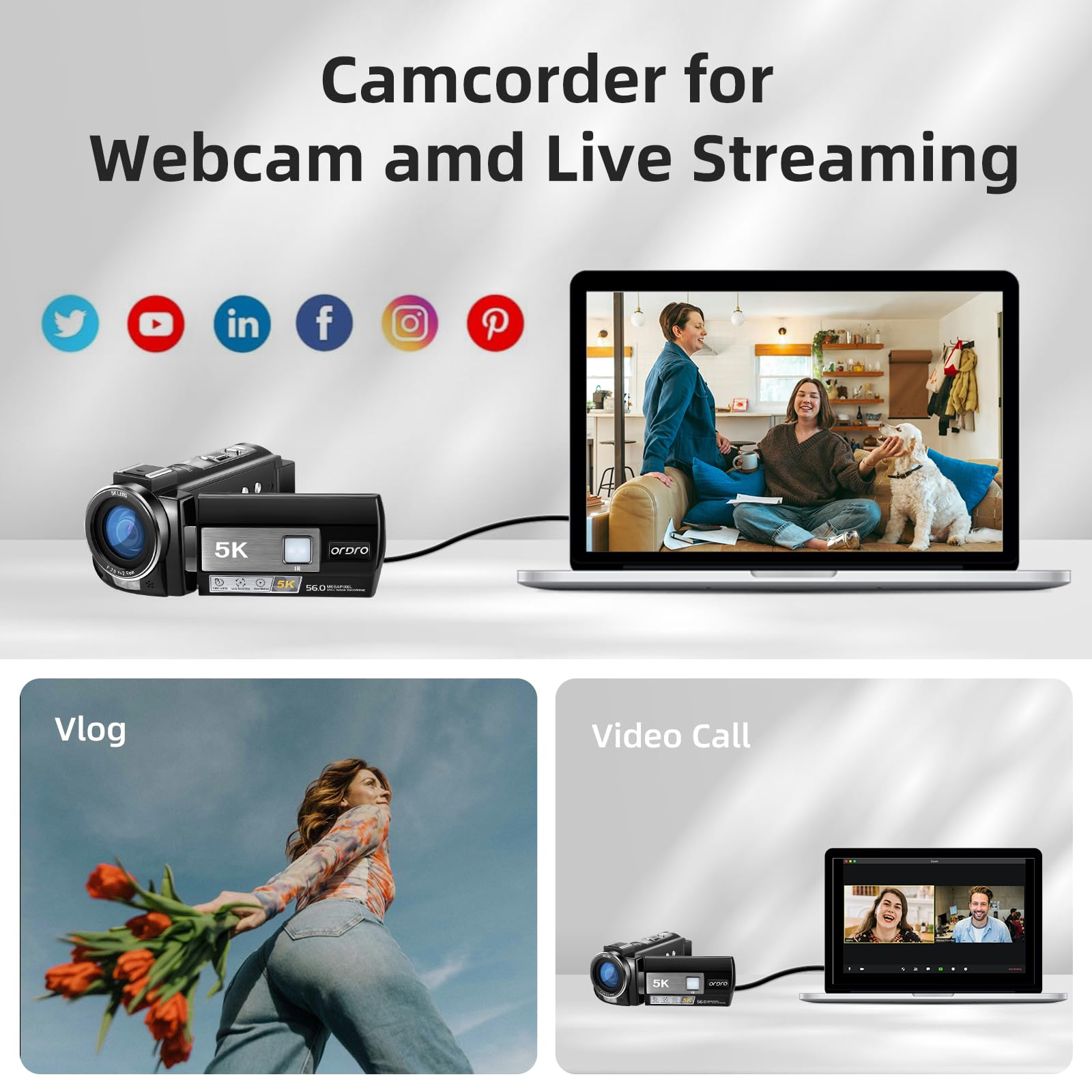 ORDRO AE20 5K Digital Video Camera with Night Vision, 95° Wide Angle Lens, WDR & EIS Stabilization - Perfect for Travel Vlogging, YouTube Content Creation, and Low-Light Recording