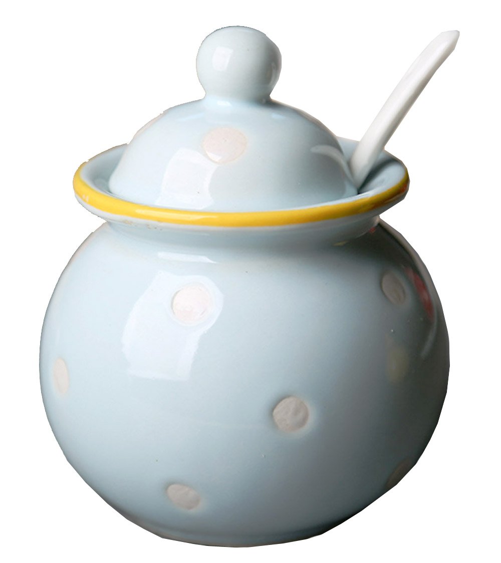123Arts Ceramic Dot Sugar Salt Pepper Storage Jars with Lid & Spoon - Airtight Spice Containers for Kitchen, Dining Table & Countertop Organization - Perfect for Baking, Cooking & Seasoning