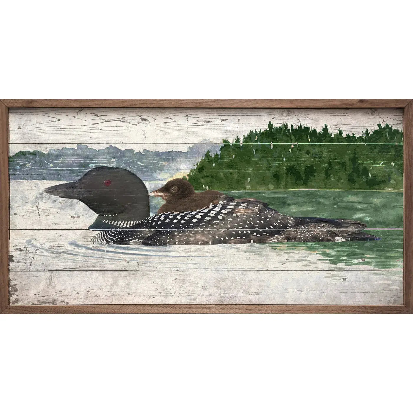 Loon and Baby on Water Wood Framed Print - Nature Wildlife Wall Art Decor for Living Room, Nursery, or Office