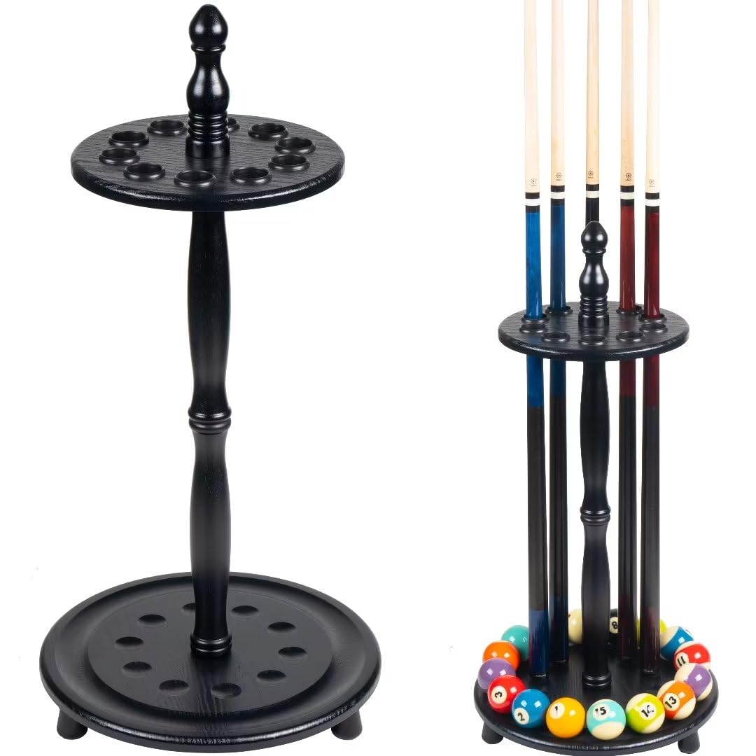 Premium Collapsible Pool Stick Holder Floor Stand - Solid Wood Billiard Cue Rack for 10 Cues & Full Ball Set | Perfect for Game Rooms, Bars, and Home Billiard Tables