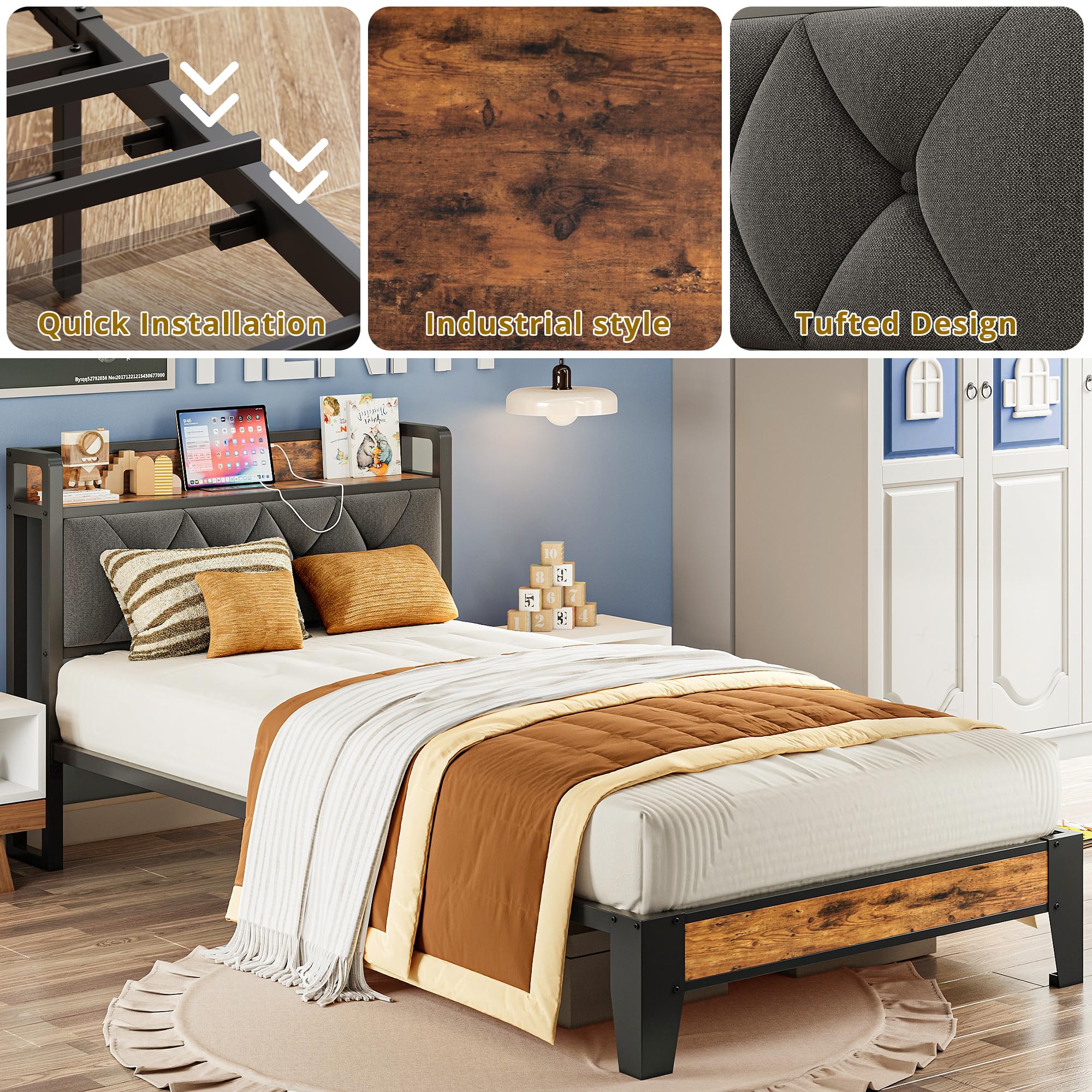 ANCTOR Twin XL Bed Frame with Storage Headboard & USB Outlets - Easy Assembly, Sturdy Metal Platform Bed, No Box Spring Needed - Ideal for Small Spaces, Dorms & Guest Rooms