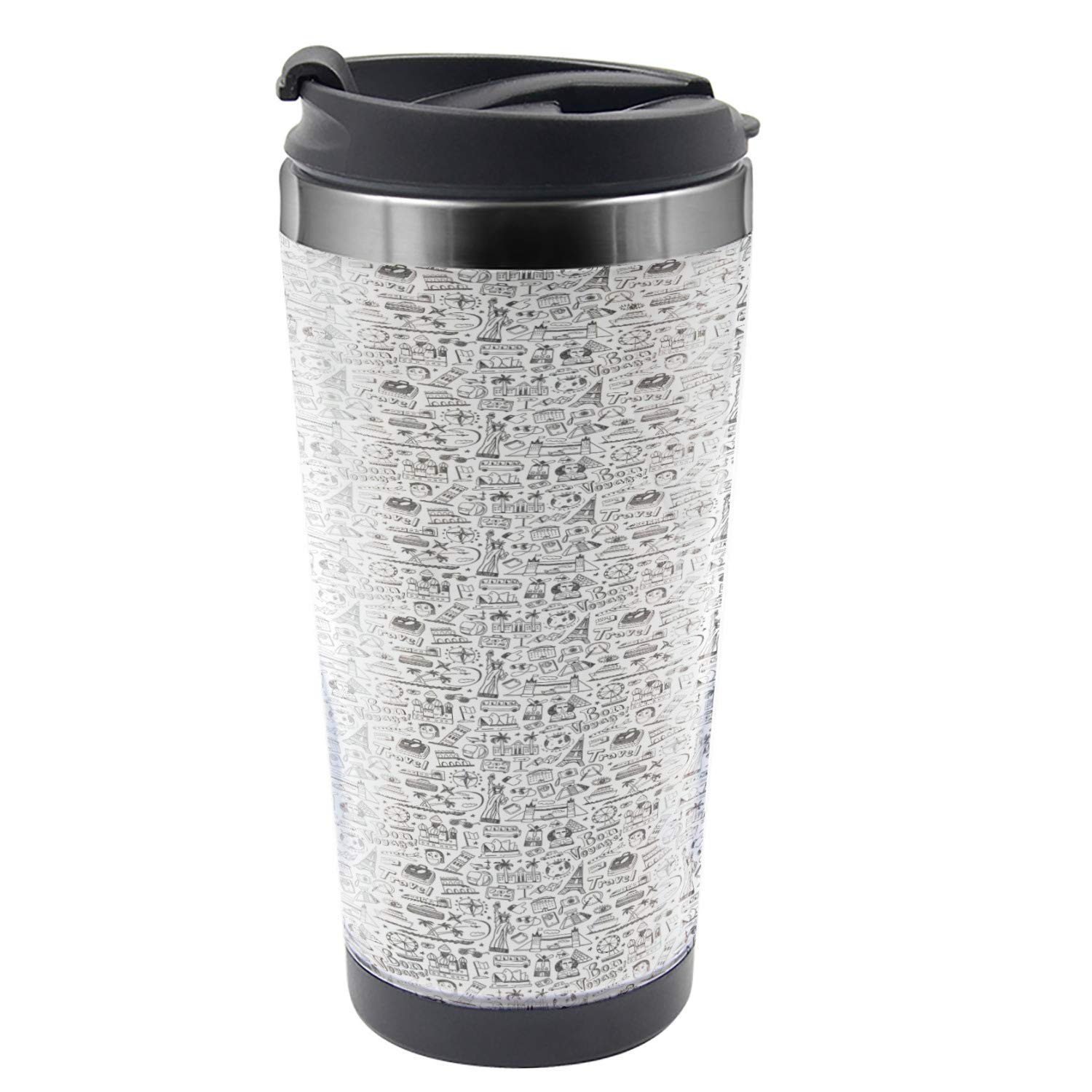 Ambesonne Insulated Travel Mug - 16 oz Stainless Steel Thermal Cup with Travel Sketch Design, Charcoal Grey & White - Perfect for Coffee, Tea, and Hot Beverages On The Go