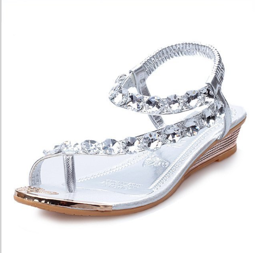Women's Stylish PU Leather Diamond Embellished Flat Sandals - Comfortable Summer Casual Shoes for Beach, Travel & Everyday Wear