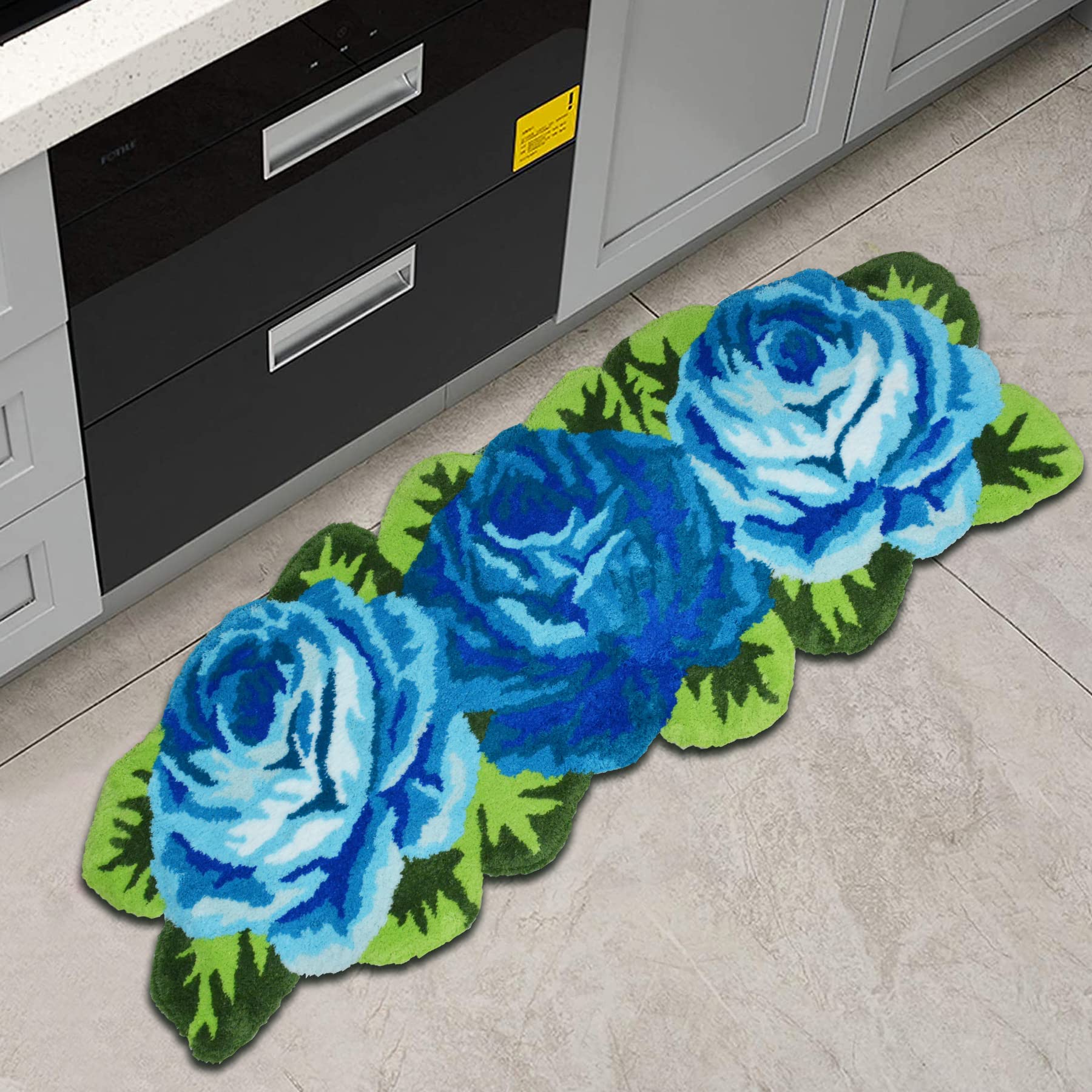 ABREEZE Handmade Blue Floral Rug - Non-Slip Washable Modern Floor Runner for Bedroom, Living Room & Bathroom - Rose Pattern Carpet Mat (3 Roses Design, Blue) | Perfect for Home Decor, Sofa Side & Hallway Accent