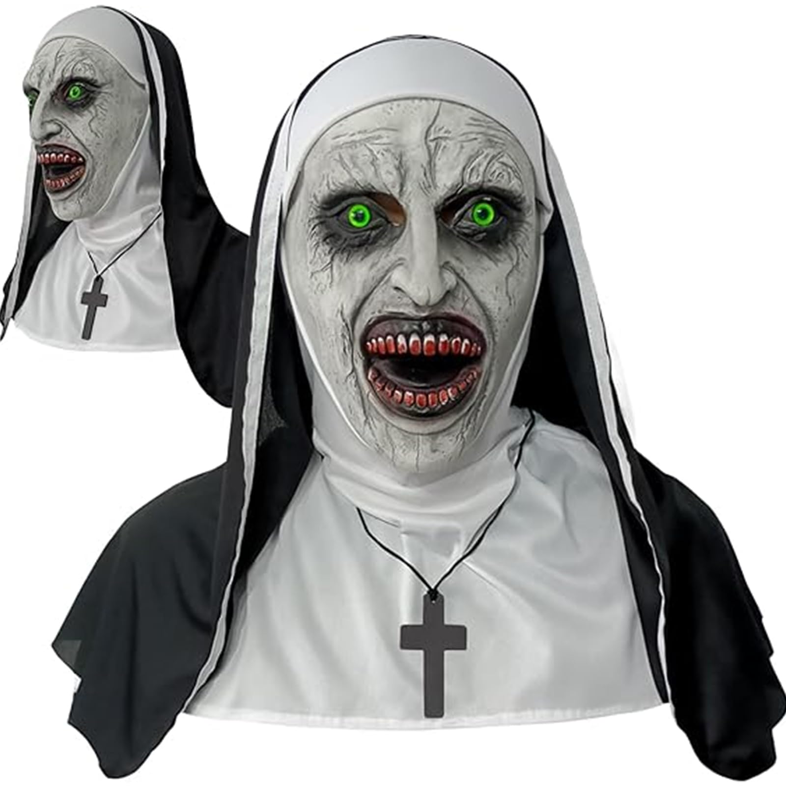 GTETKDE 2024 Scary Halloween Nun Mask - Latex Full Head Horror Costume with Cross Necklace for Adults - Perfect for Halloween Parties, Haunted Houses & Cosplay Events