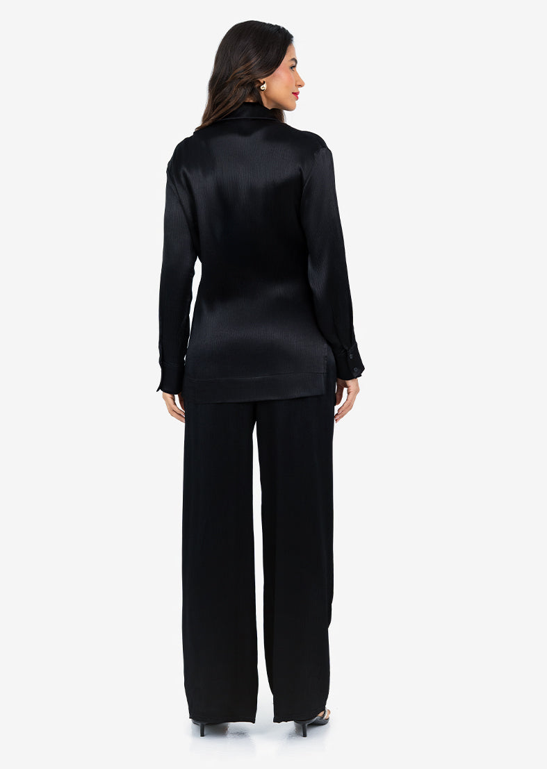 Shiny Black Plisse Side Tie Jacket for Women - Stylish Outerwear for Casual Outings, Date Nights & Office Wear